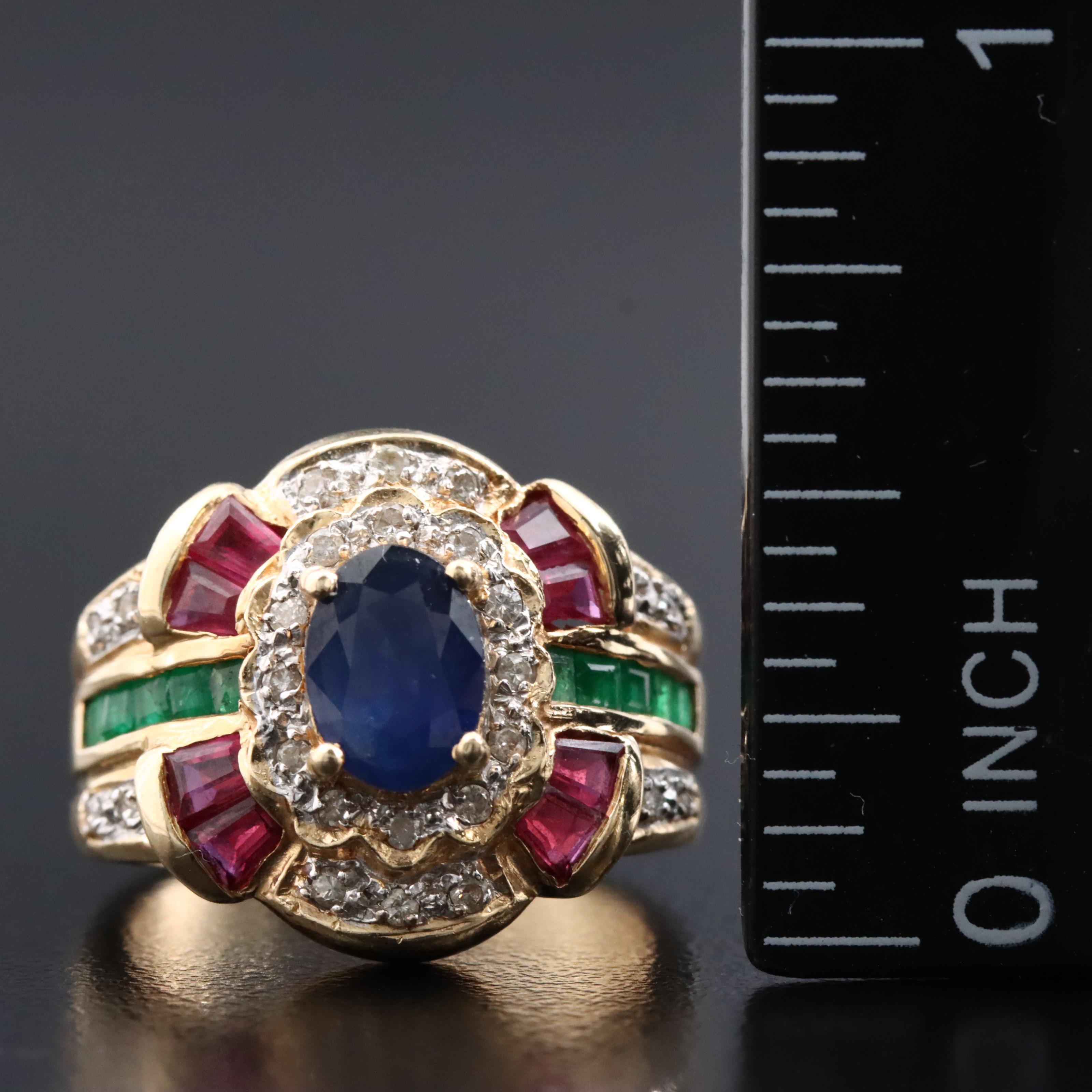 14K Sapphire, Ruby, Emerald and Diamond Ring