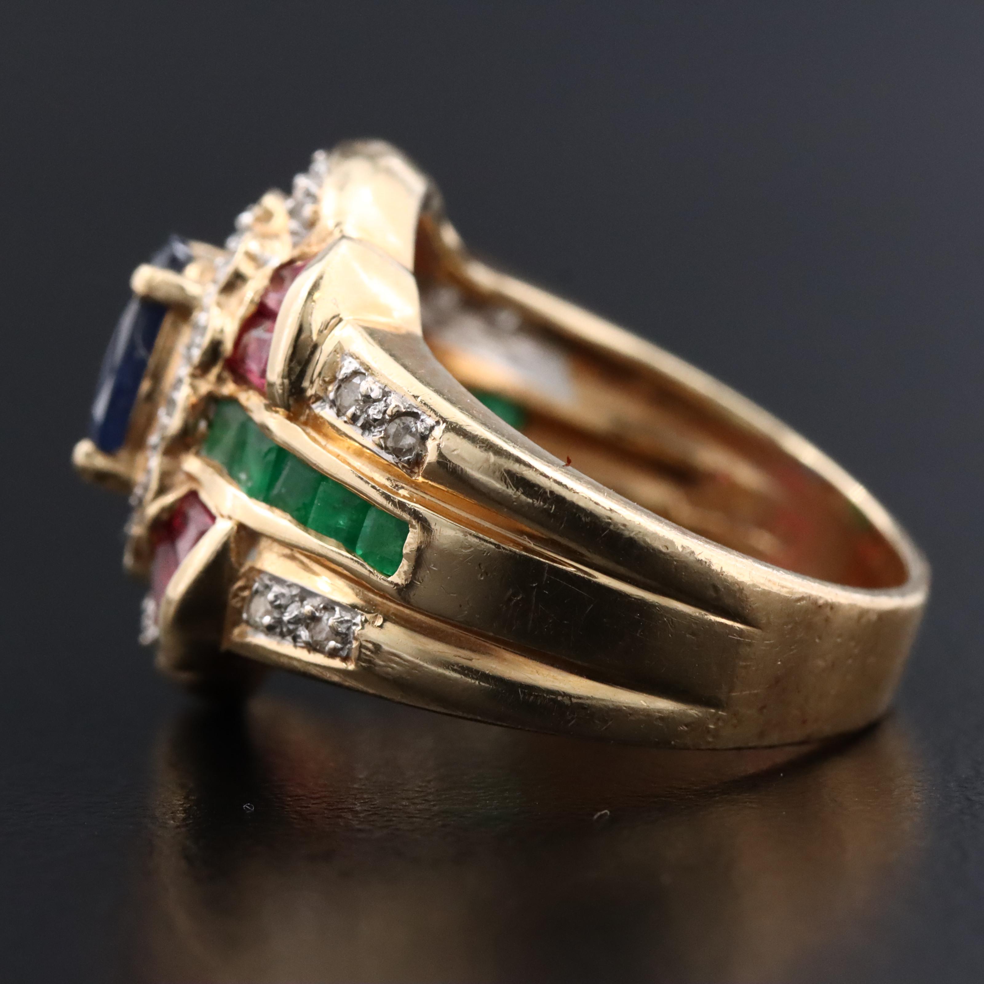 14K Sapphire, Ruby, Emerald and Diamond Ring