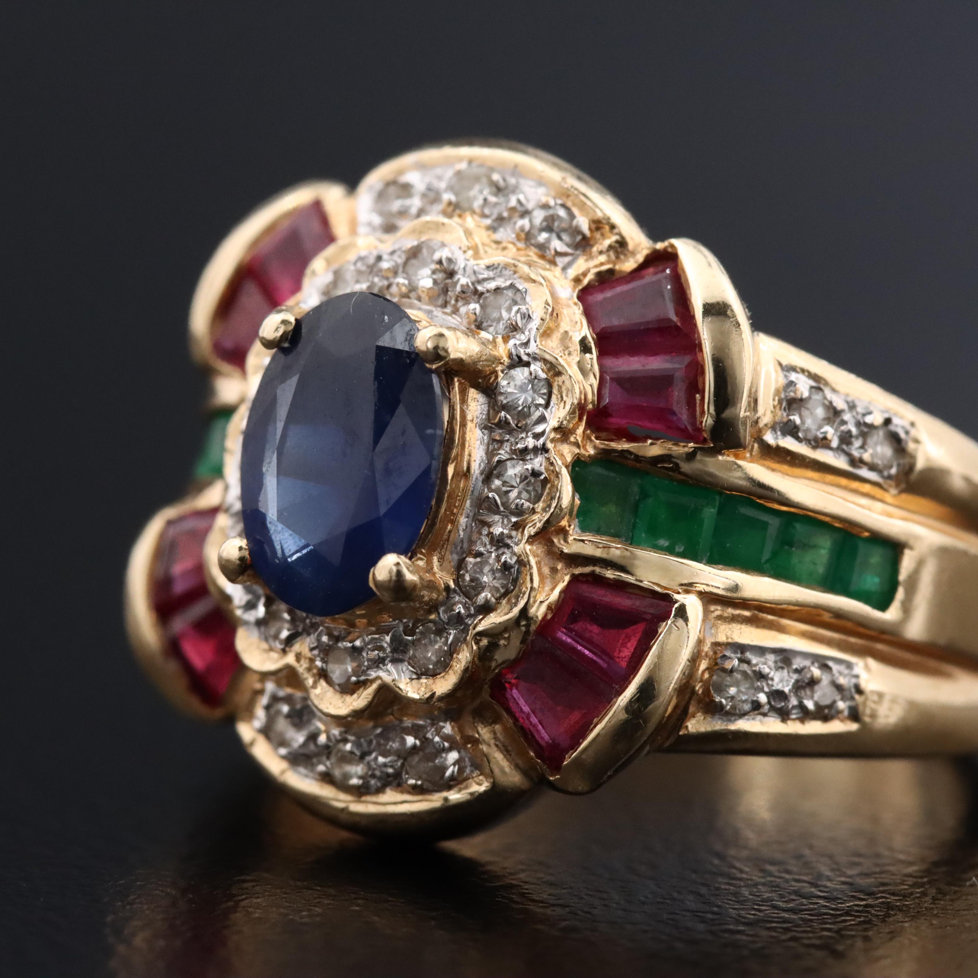 14K Sapphire, Ruby, Emerald and Diamond Ring