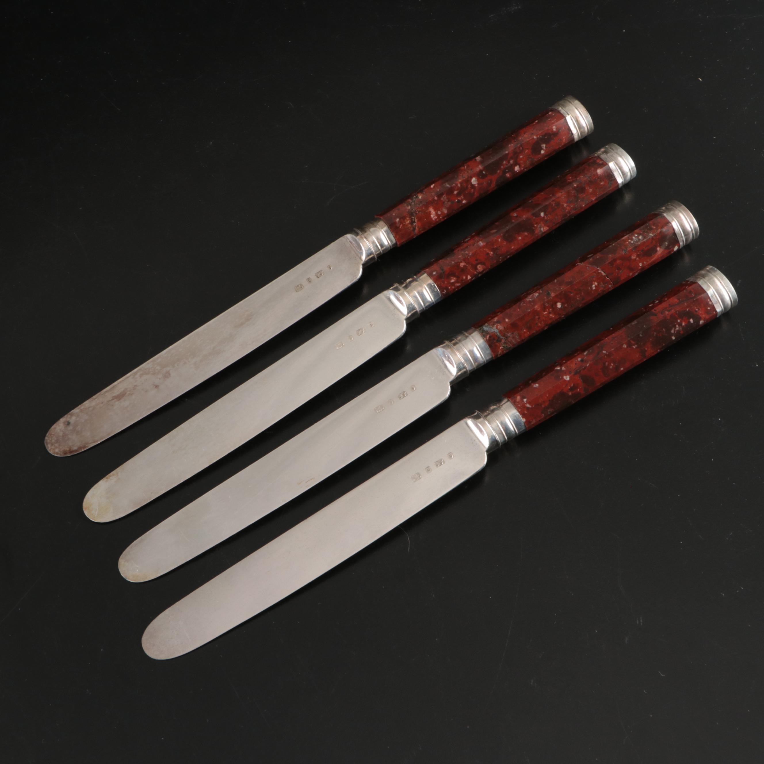 John Gilbert English Silver Plate and Marble Handled Knife Set