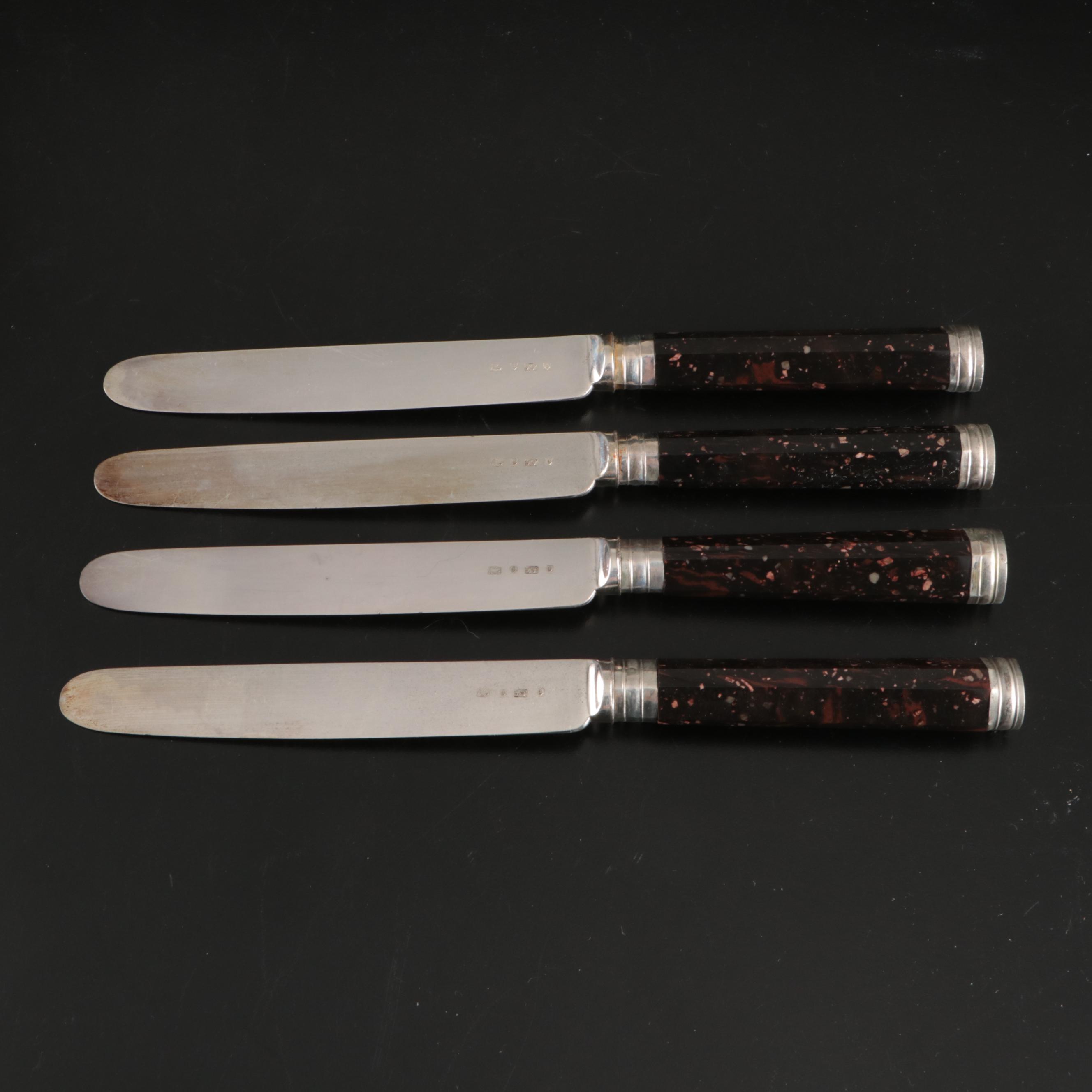 John Gilbert English Silver Plate and Marble Handled Knife Set