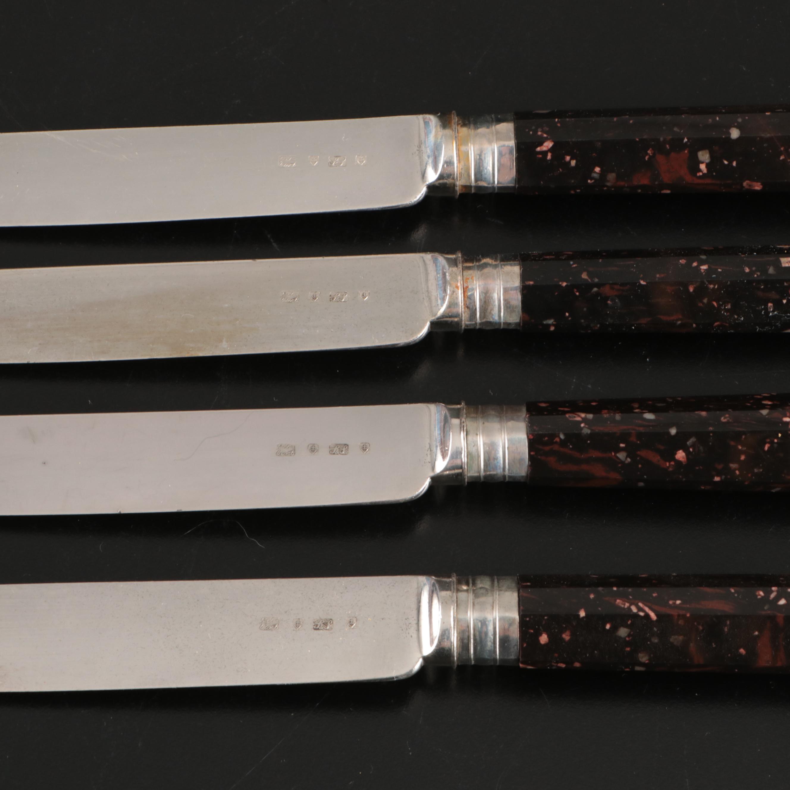 John Gilbert English Silver Plate and Marble Handled Knife Set