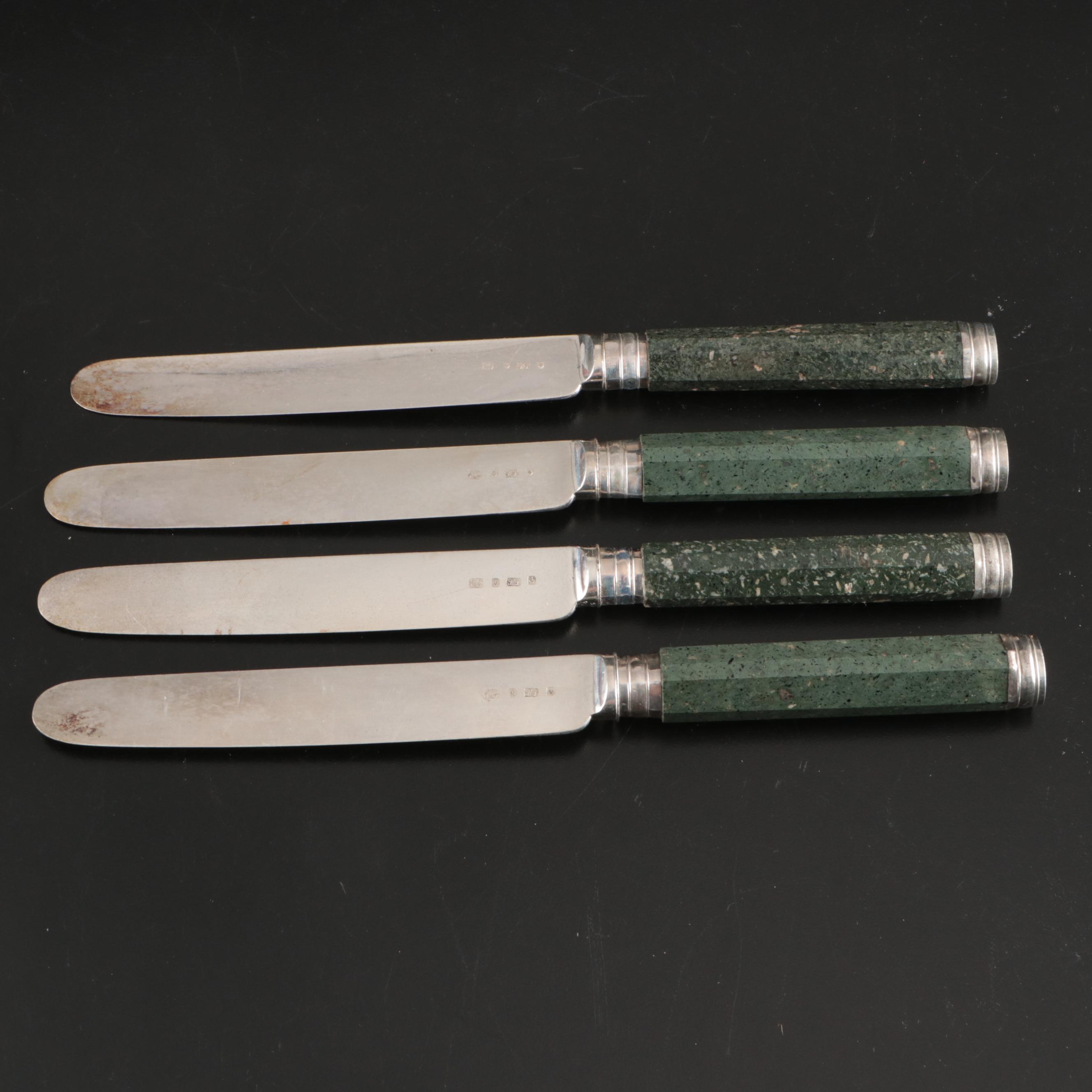 John Gilbert English Silver Plate and Marble Handled Knife Set