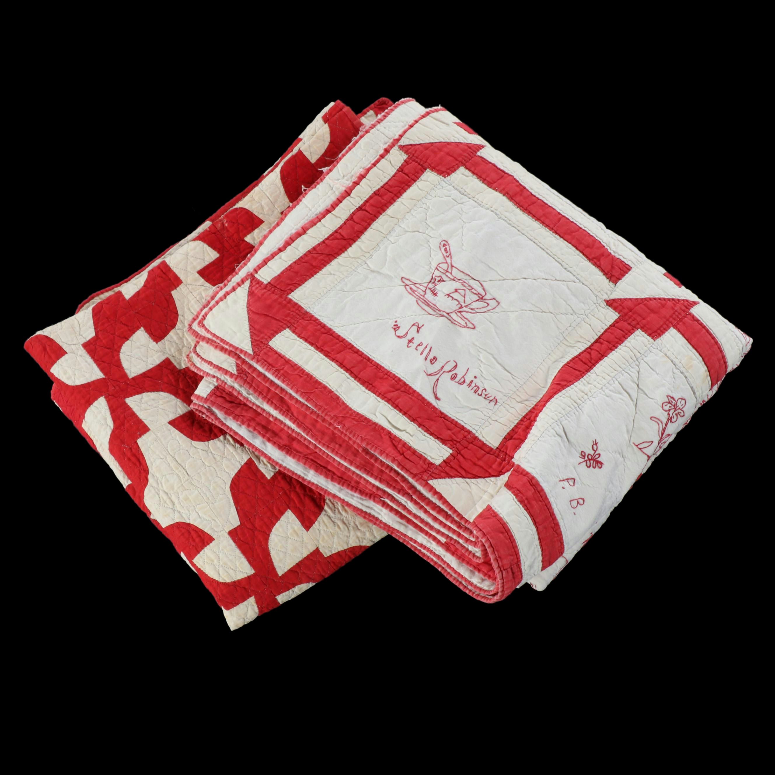 Hand-Pieced "Drunkard's Path" with Other Embroidered Redwork Cotton Quilt