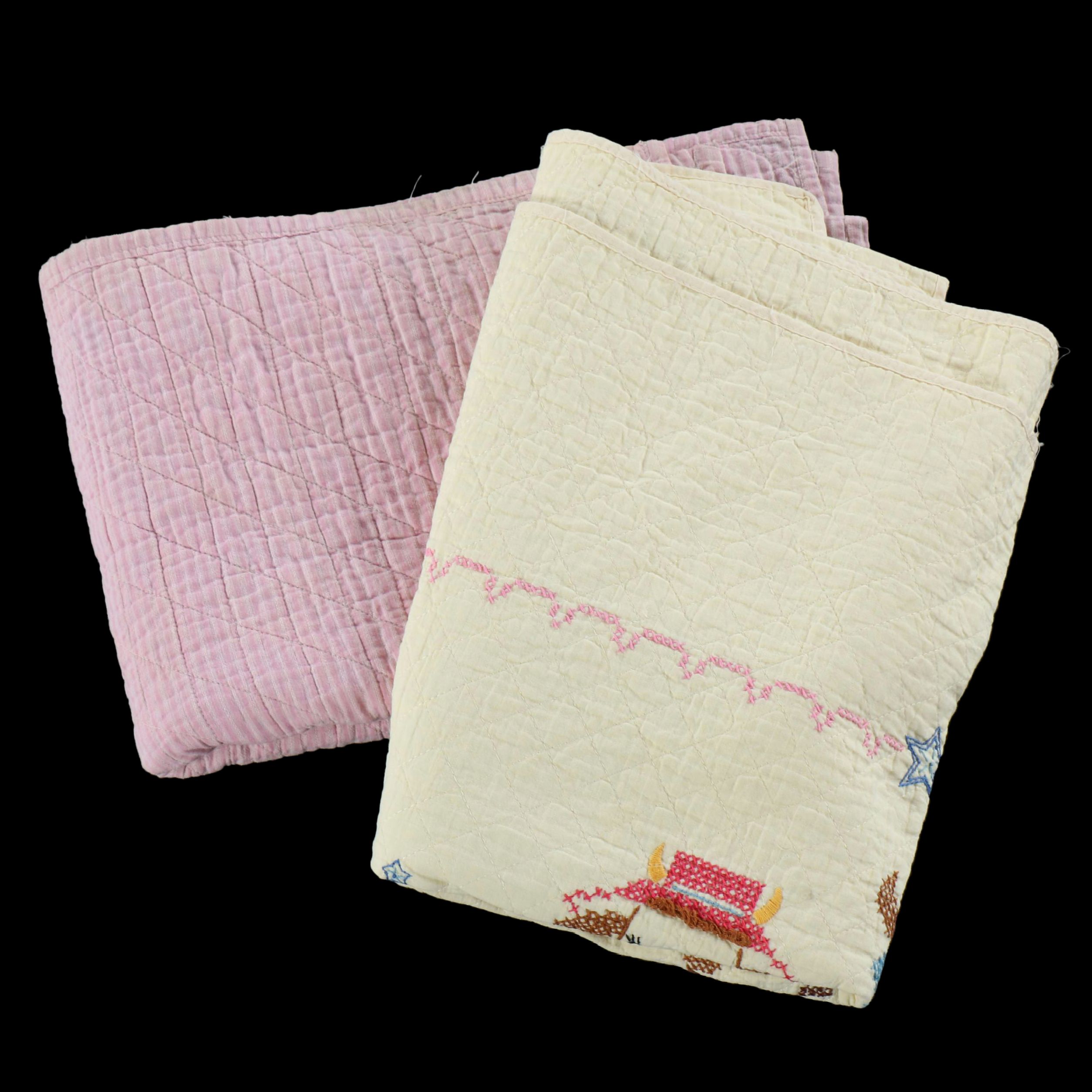 Handmade Scrappy "Log Cabin" Child's Quilt with Cross-Stitch Crib Blanket