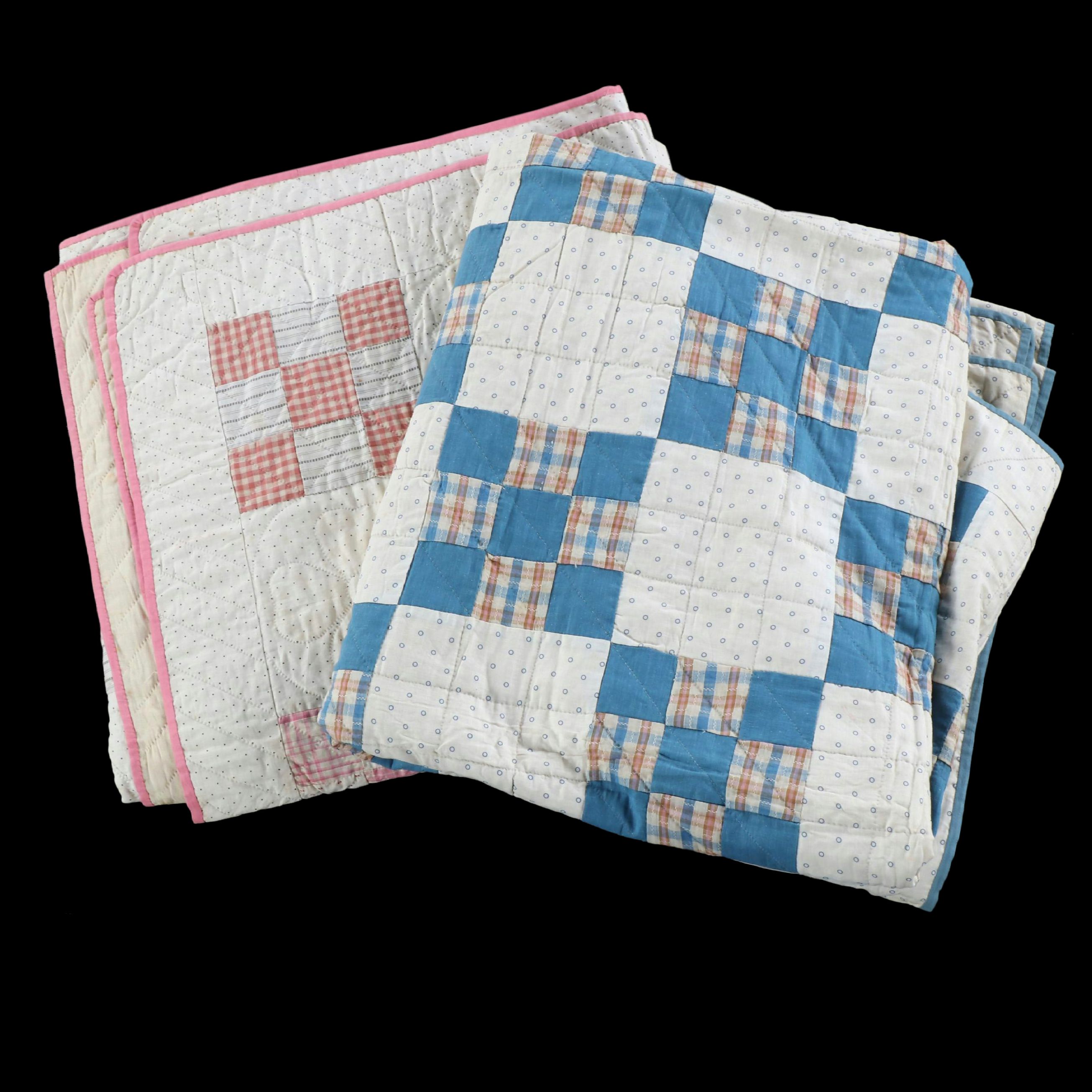 Hand-Pieced Pink and Blue Cotton Bock Quilts, Early/Mid-20th Century