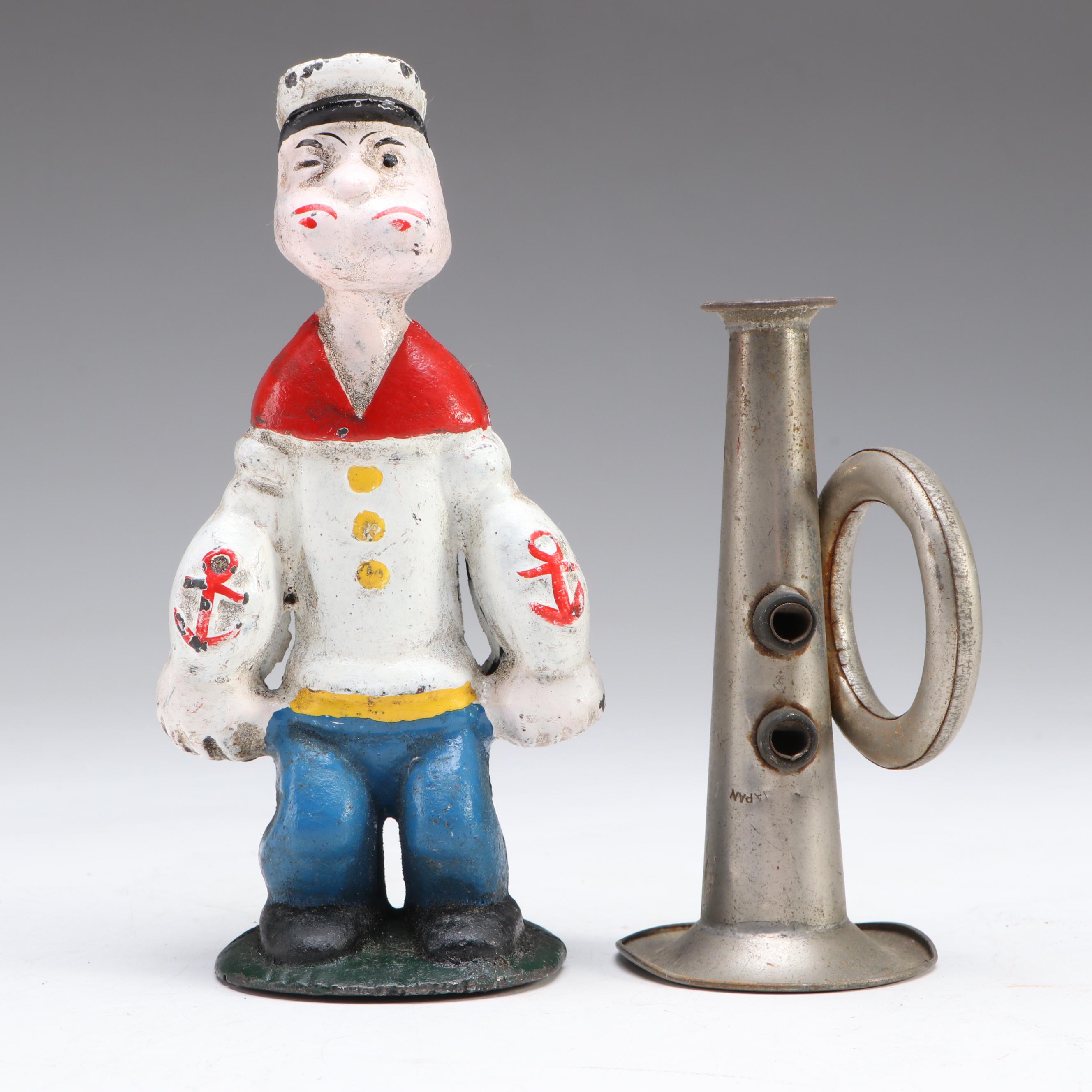 "Popeye The Sailor Man" Cast Iron Coin Bank Reproduction with Metal Trumpet