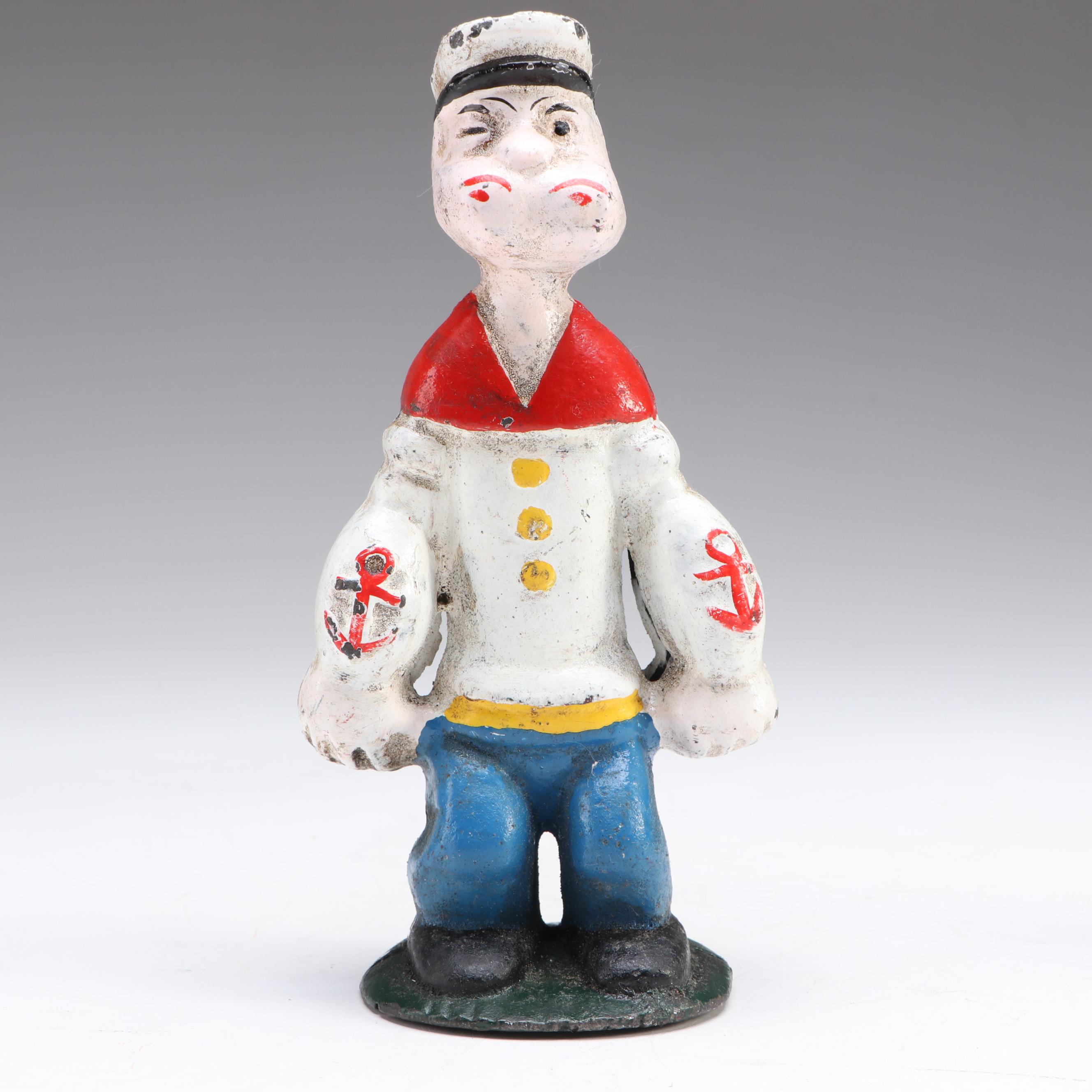 "Popeye The Sailor Man" Cast Iron Coin Bank Reproduction with Metal Trumpet