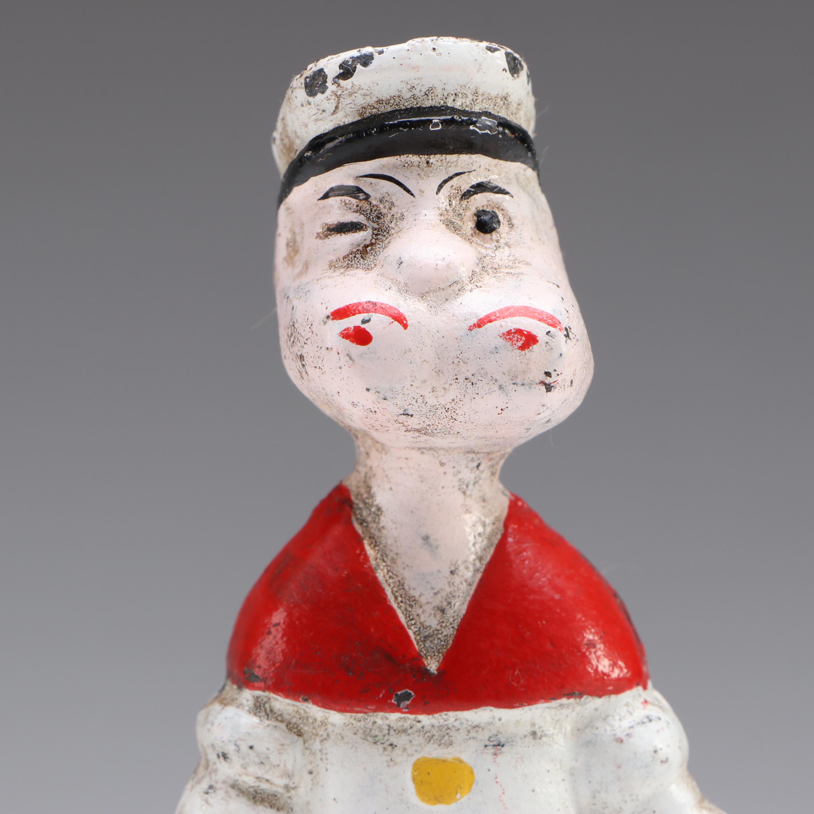 "Popeye The Sailor Man" Cast Iron Coin Bank Reproduction with Metal Trumpet