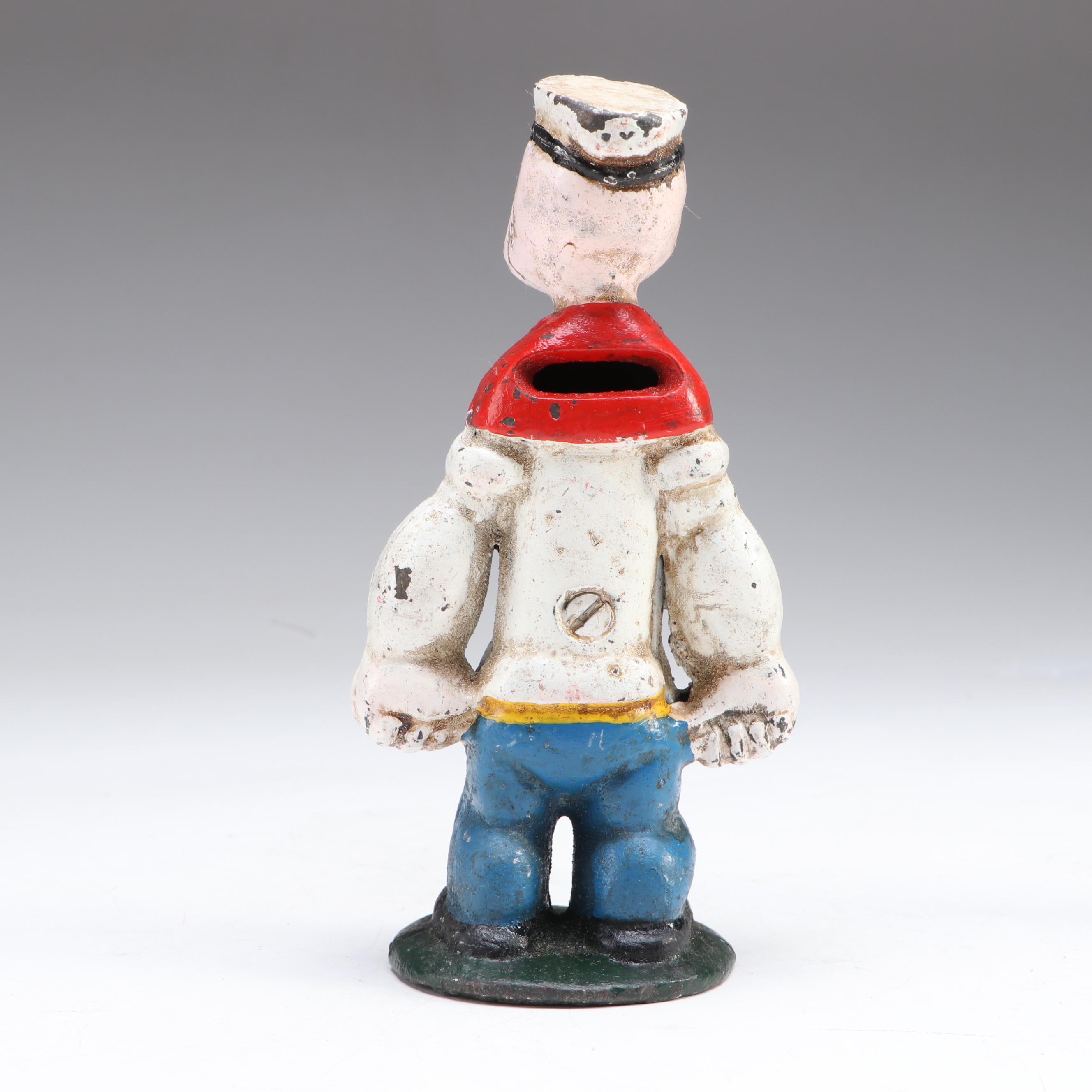 "Popeye The Sailor Man" Cast Iron Coin Bank Reproduction with Metal Trumpet