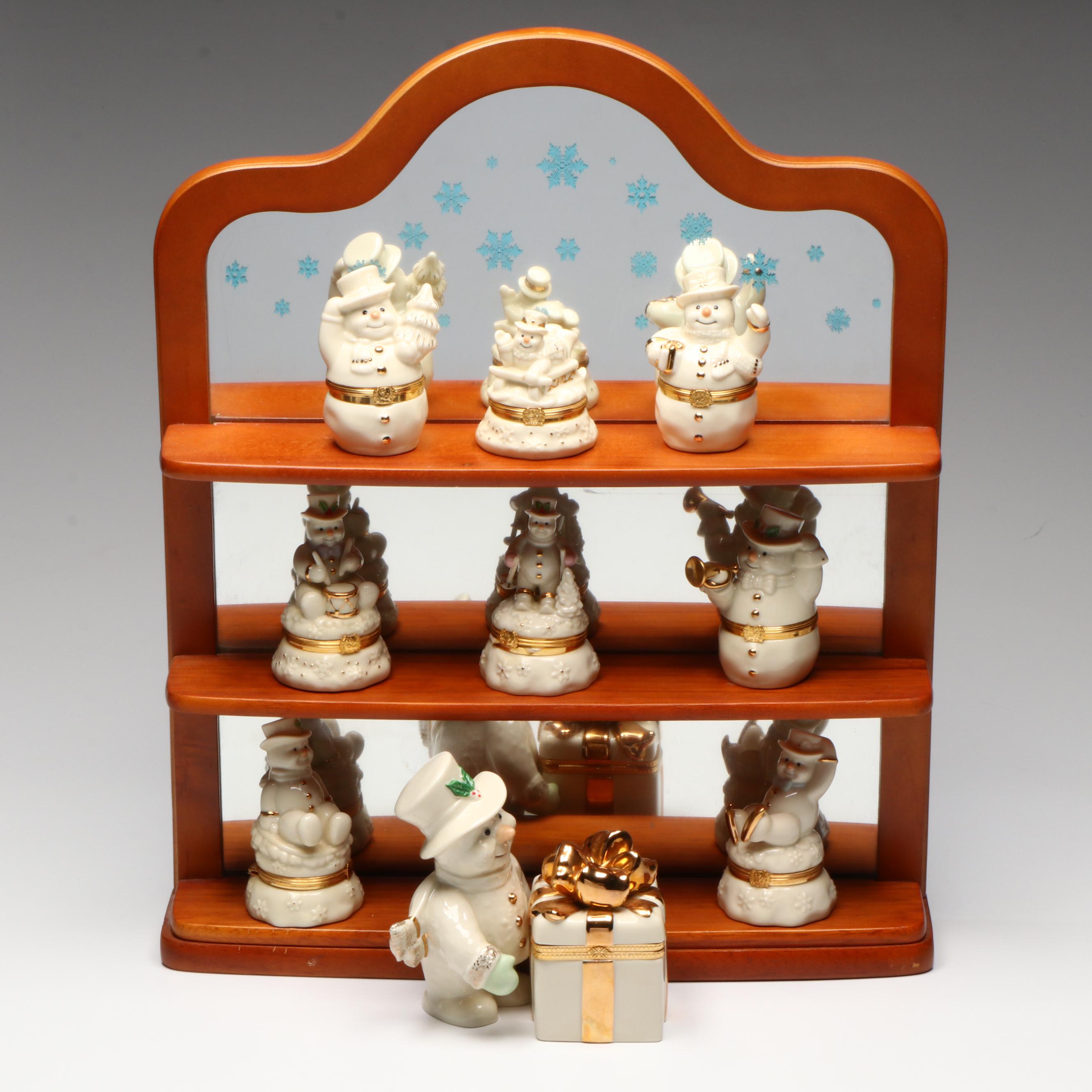 Lenox Porcelain Snowmen Boxes with Wooden Shelves