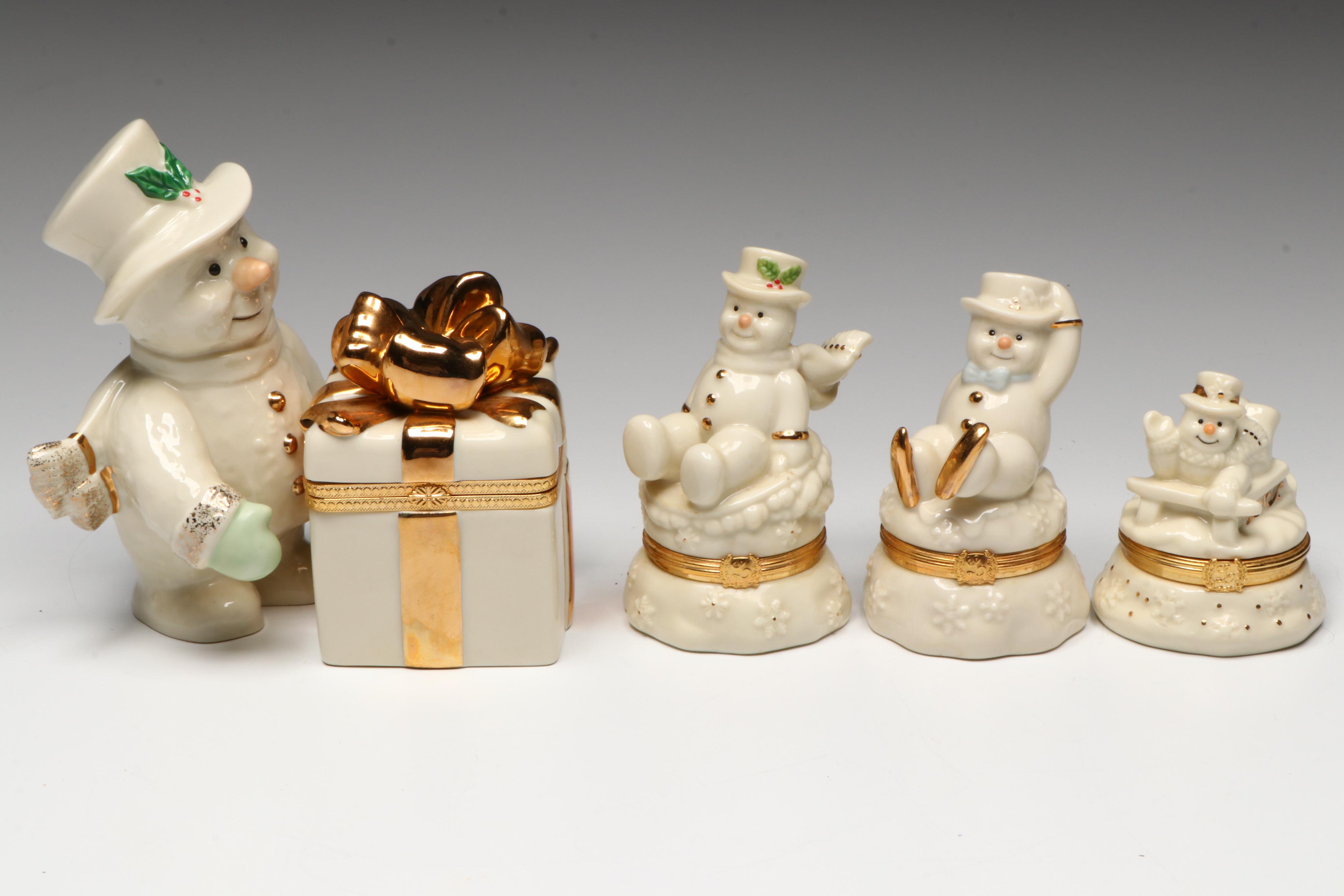 Lenox Porcelain Snowmen Boxes with Wooden Shelves