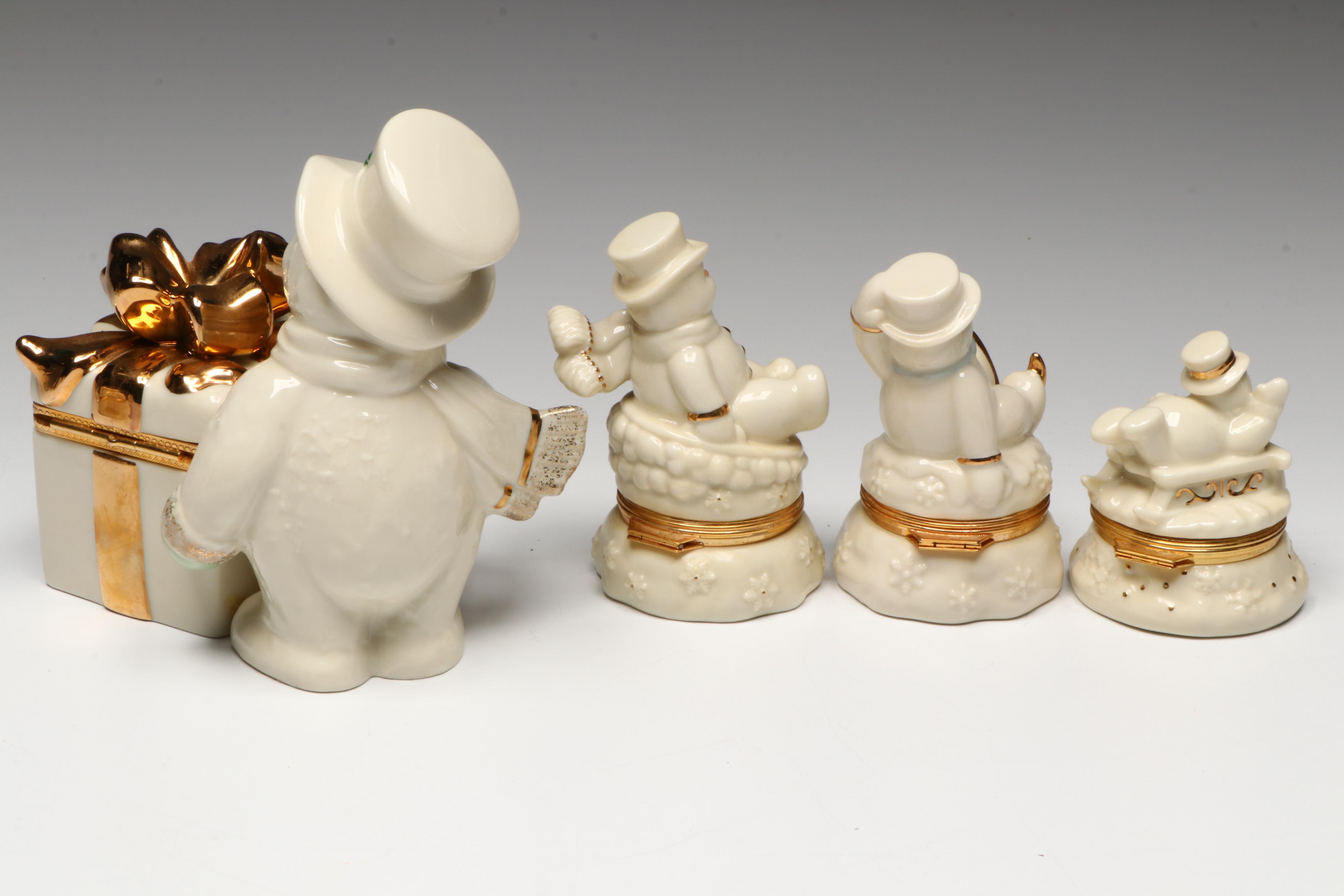 Lenox Porcelain Snowmen Boxes with Wooden Shelves