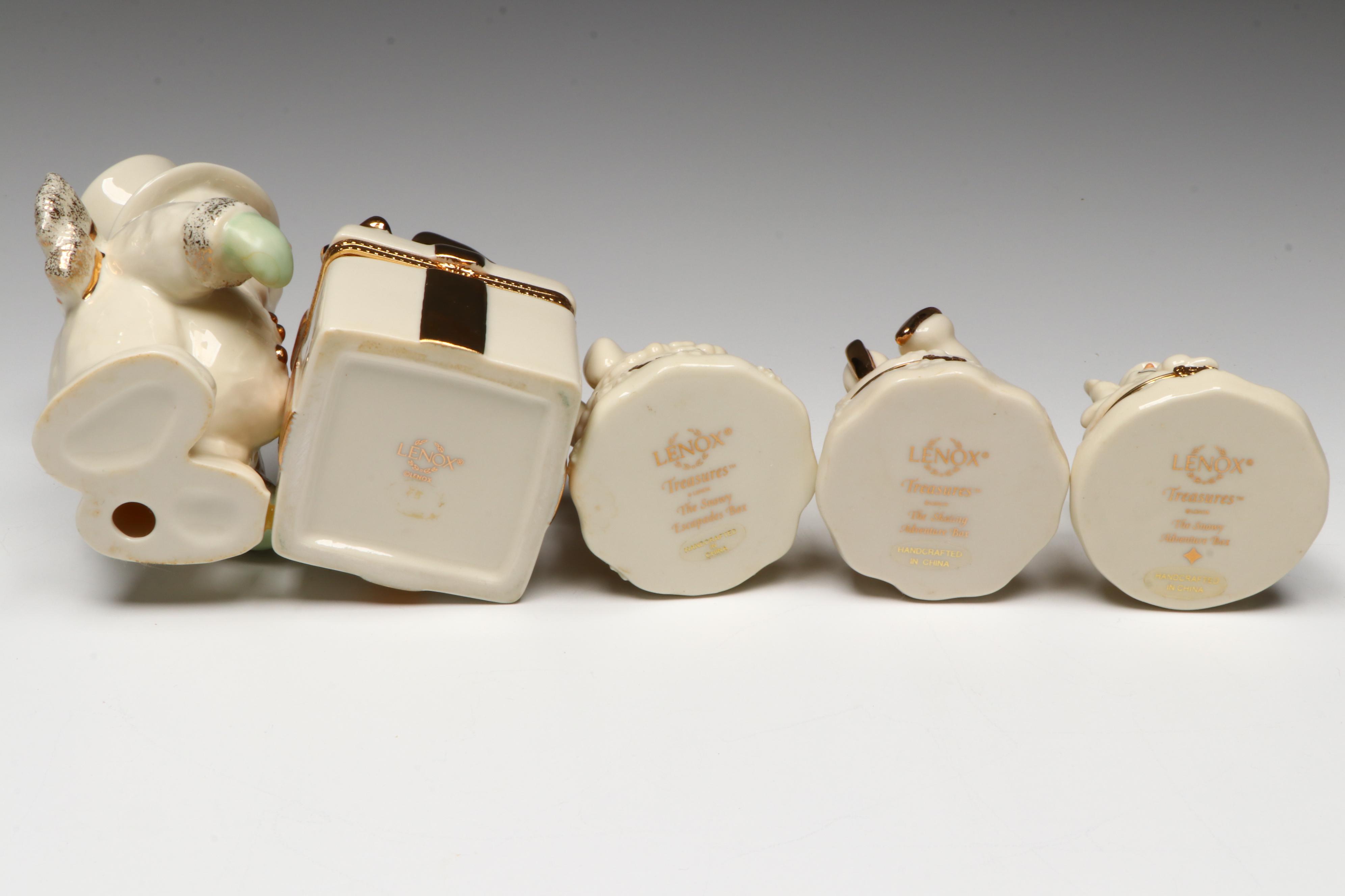 Lenox Porcelain Snowmen Boxes with Wooden Shelves