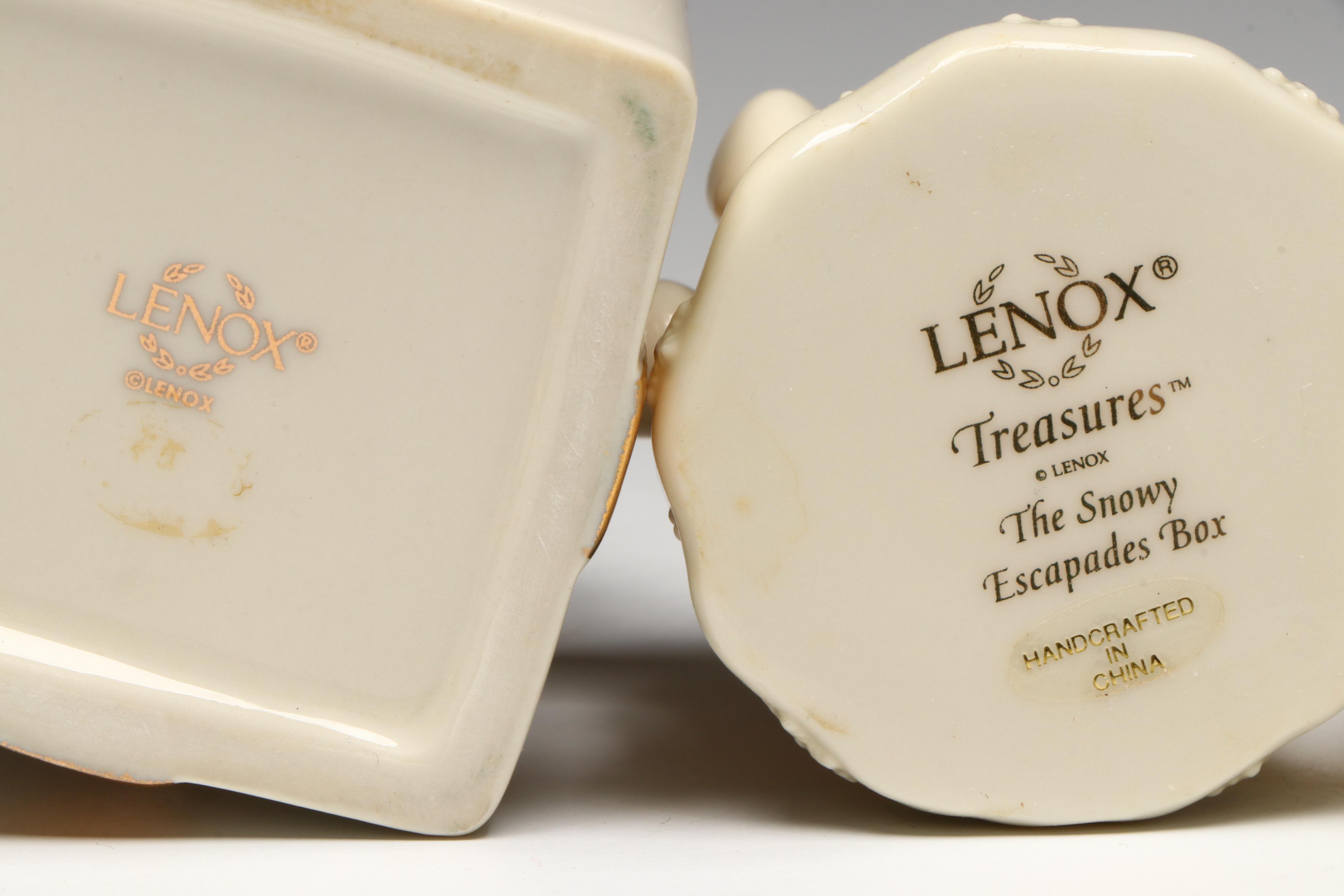 Lenox Porcelain Snowmen Boxes with Wooden Shelves