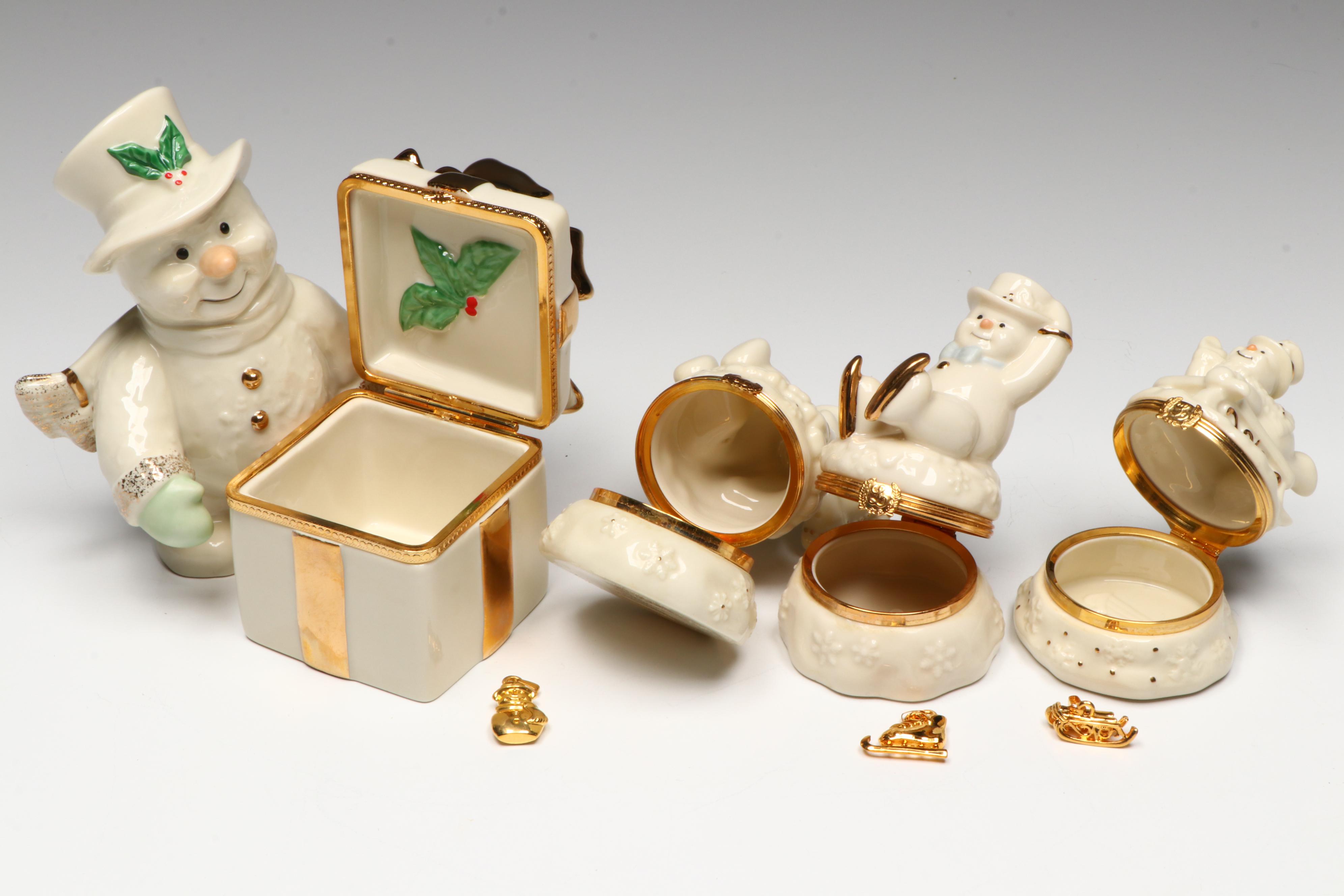 Lenox Porcelain Snowmen Boxes with Wooden Shelves