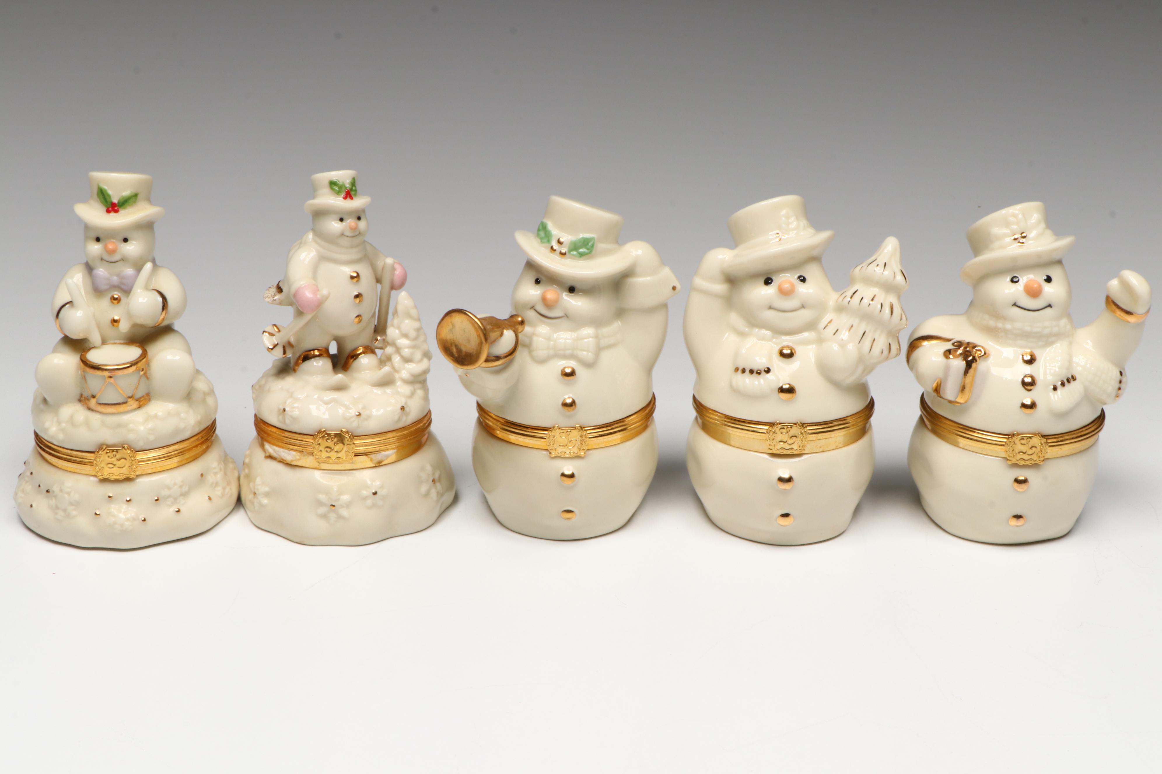 Lenox Porcelain Snowmen Boxes with Wooden Shelves