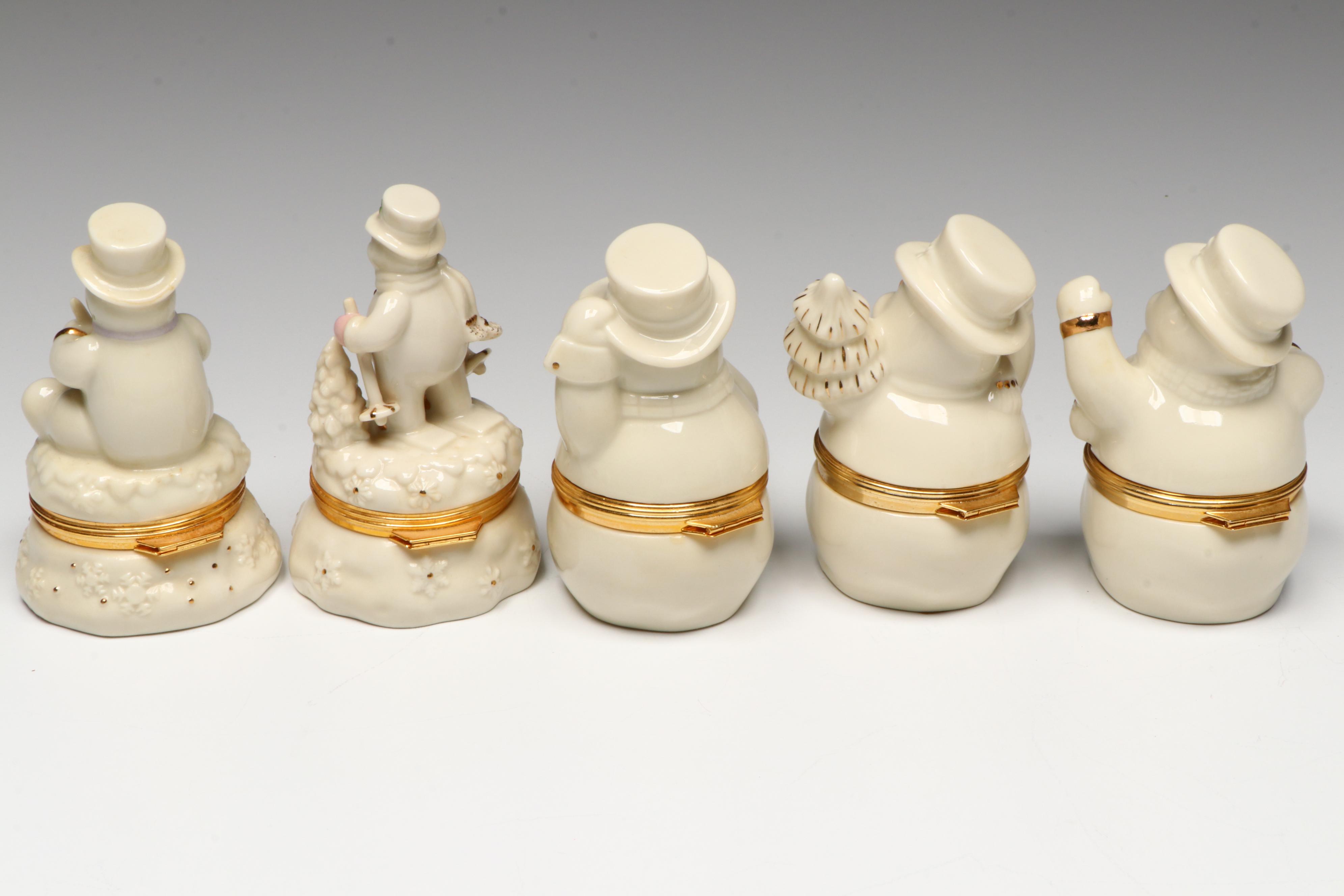 Lenox Porcelain Snowmen Boxes with Wooden Shelves