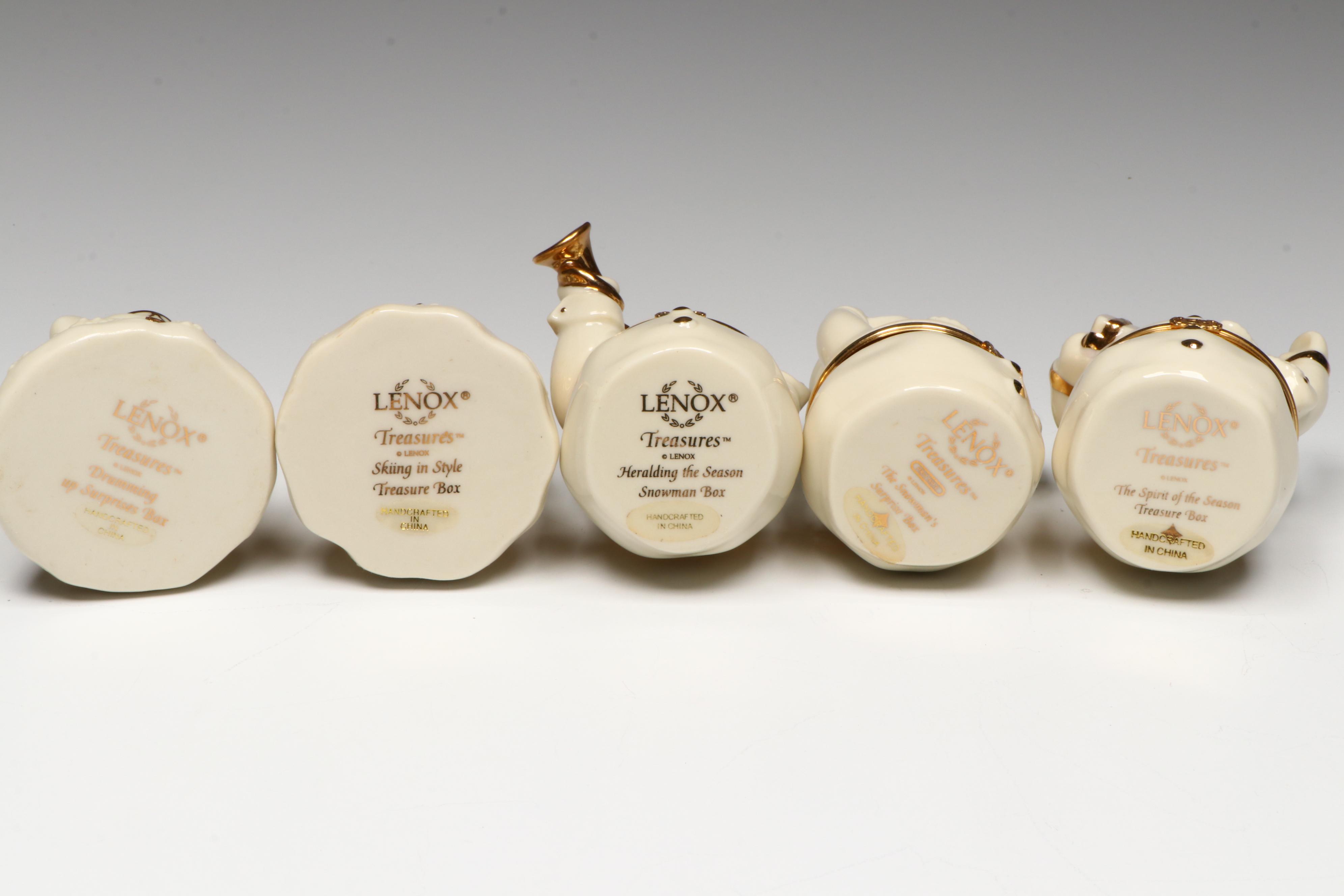 Lenox Porcelain Snowmen Boxes with Wooden Shelves