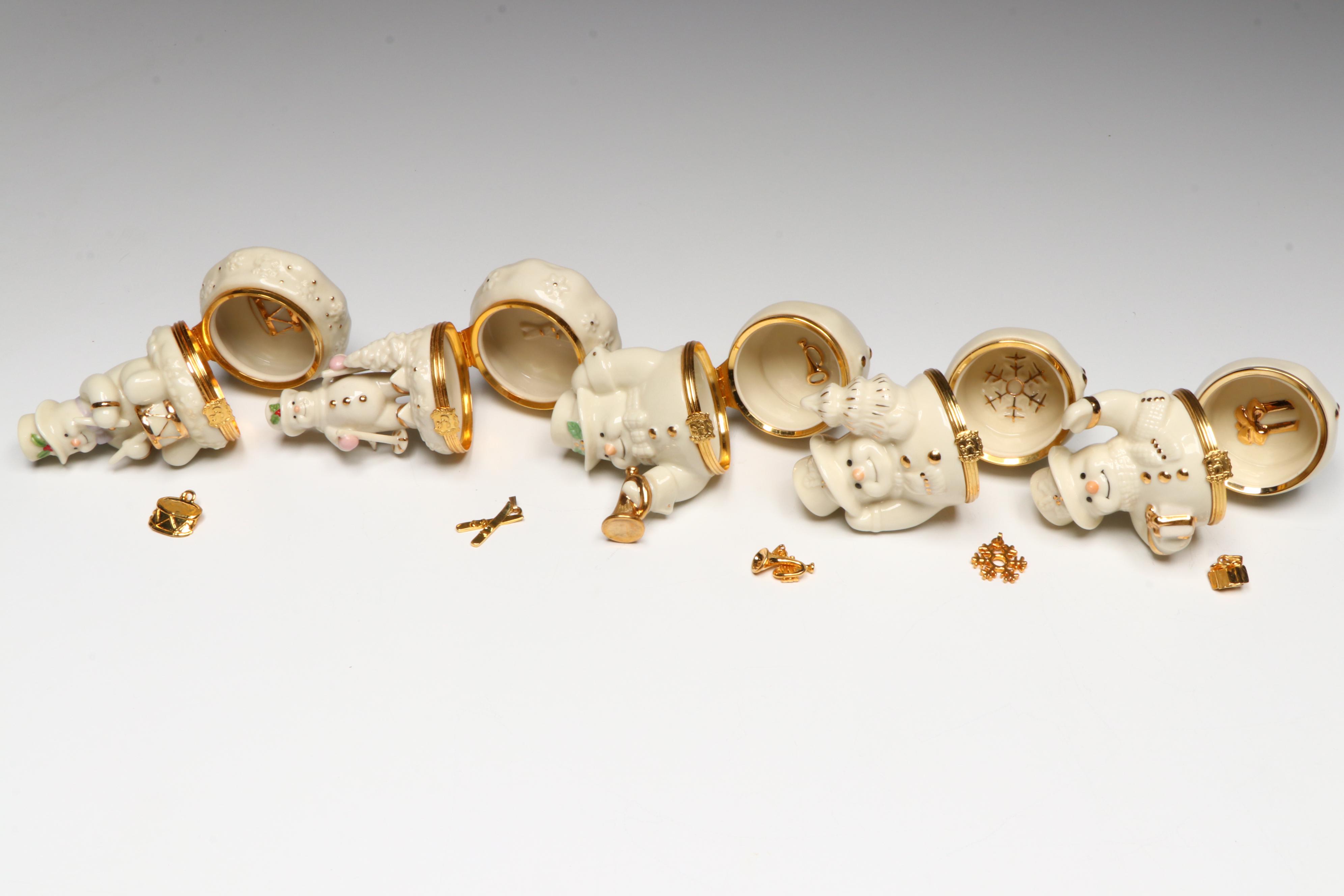 Lenox Porcelain Snowmen Boxes with Wooden Shelves