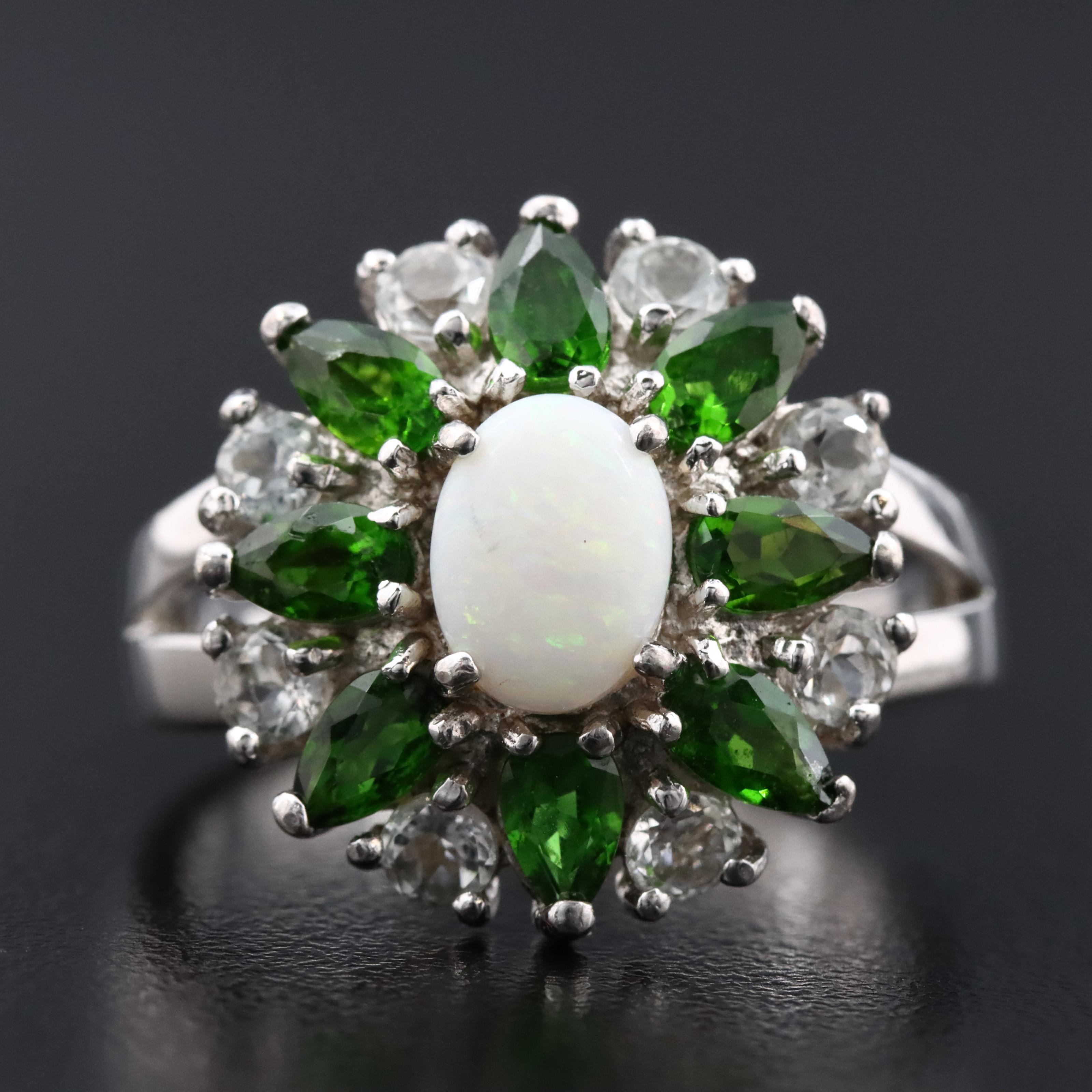 Sterling Opal, Peridot and White Topaz Ring