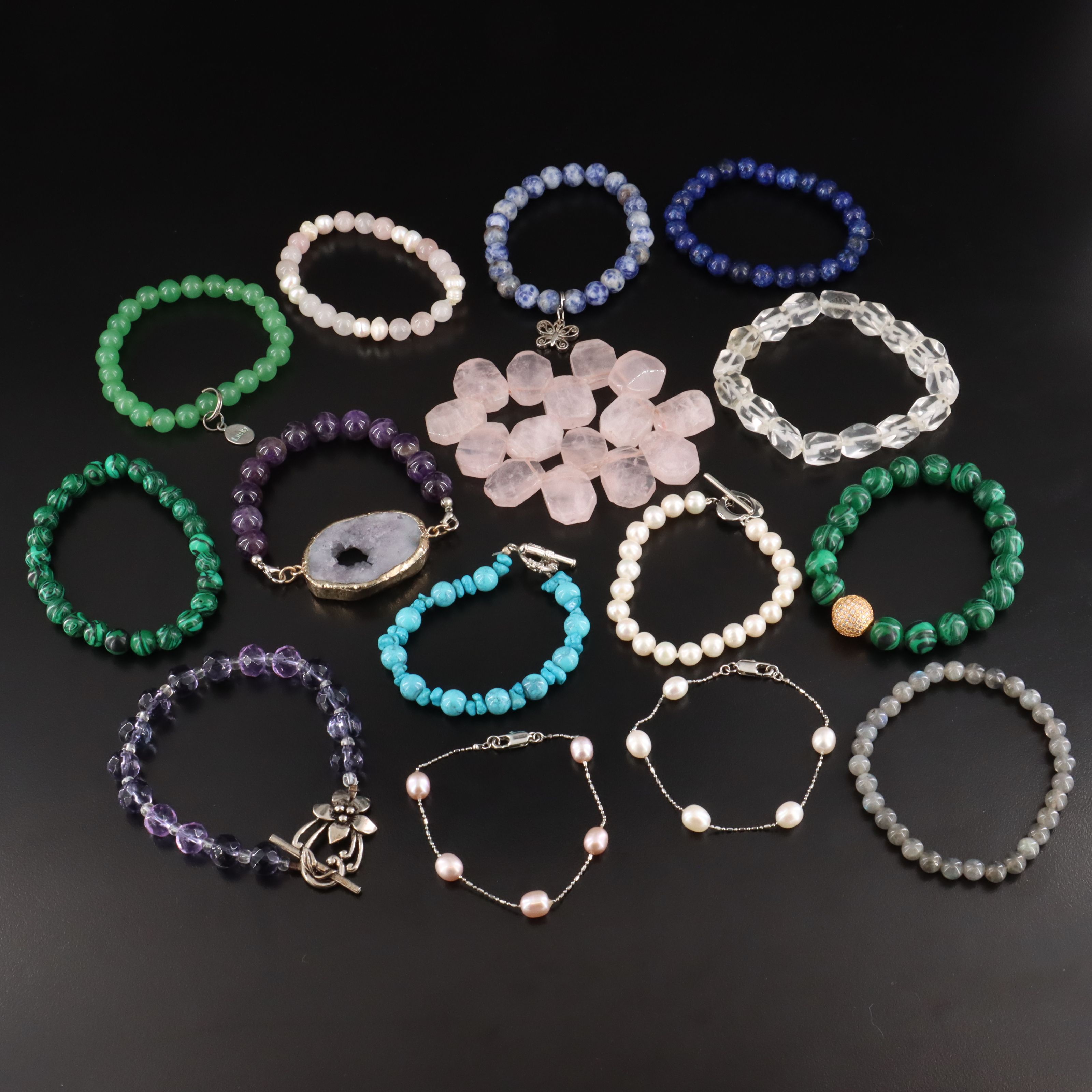 Rose Quartz, Malachite and Gemstone Bracelet Collection