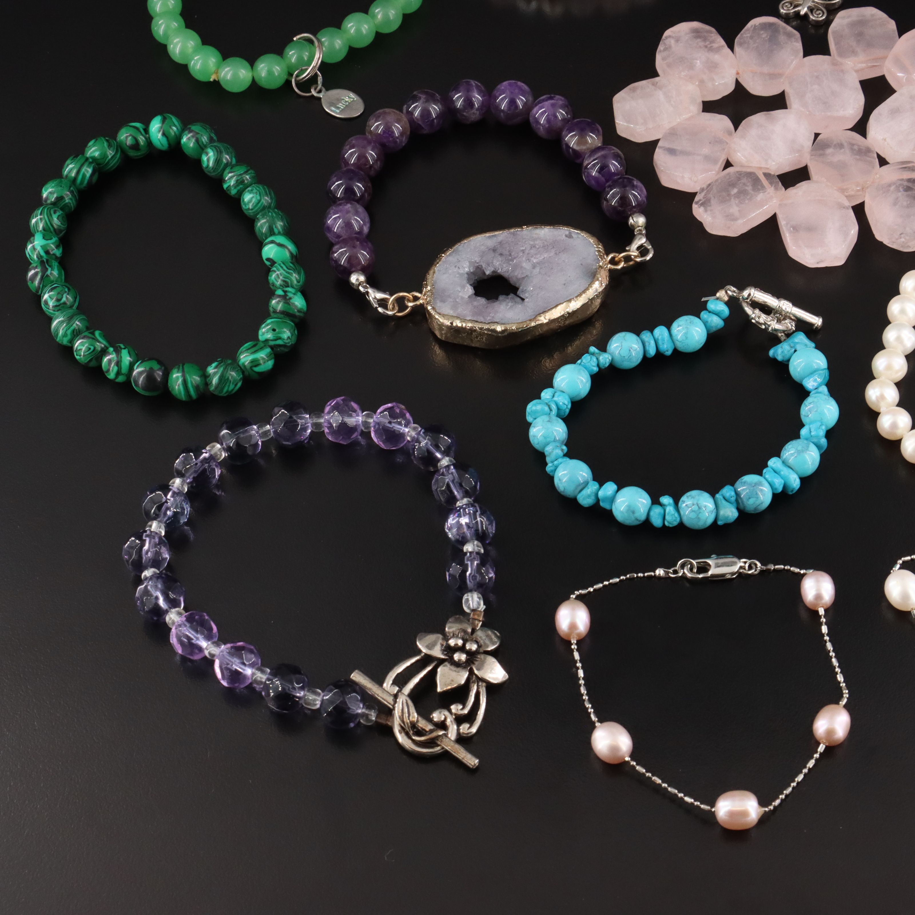 Rose Quartz, Malachite and Gemstone Bracelet Collection