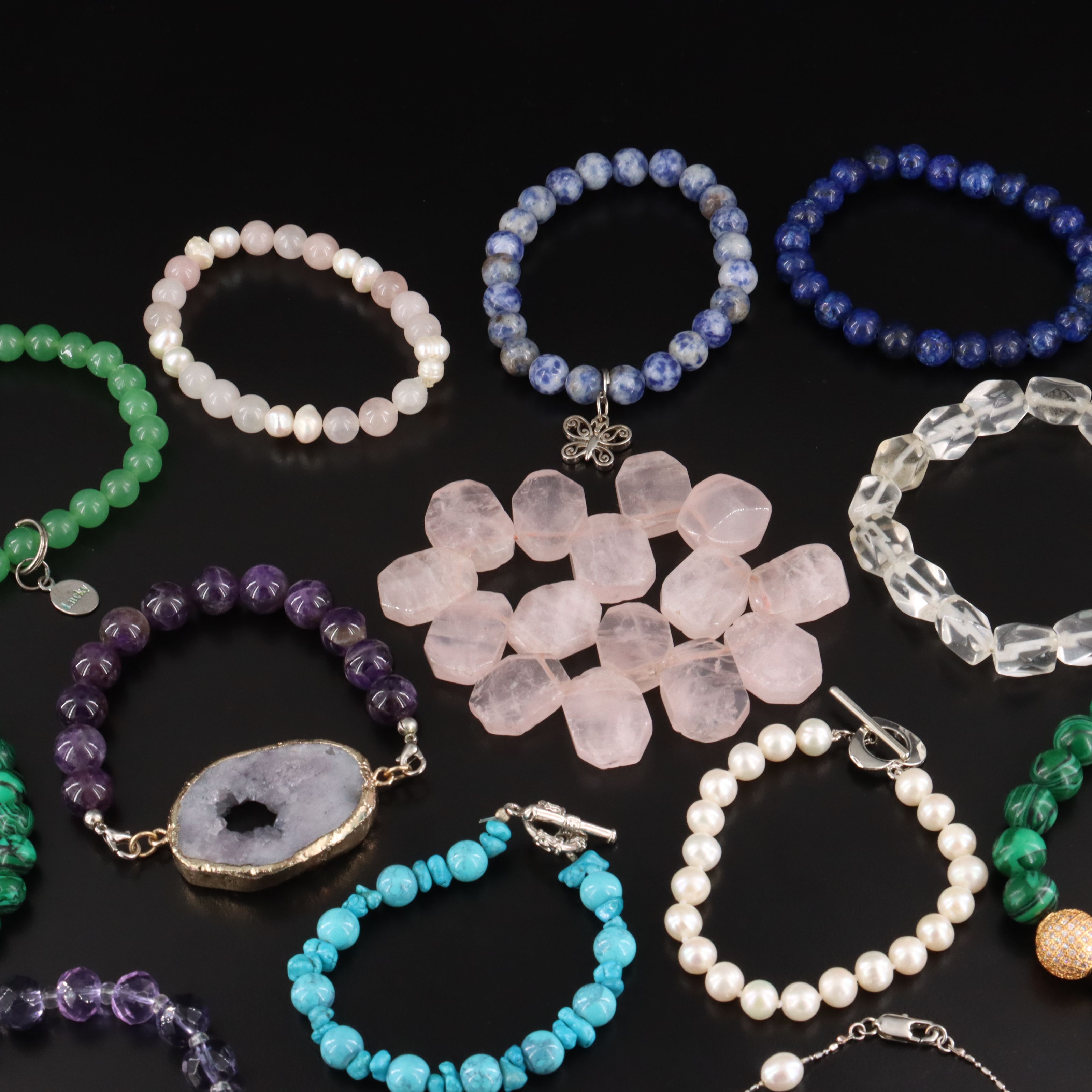 Rose Quartz, Malachite and Gemstone Bracelet Collection