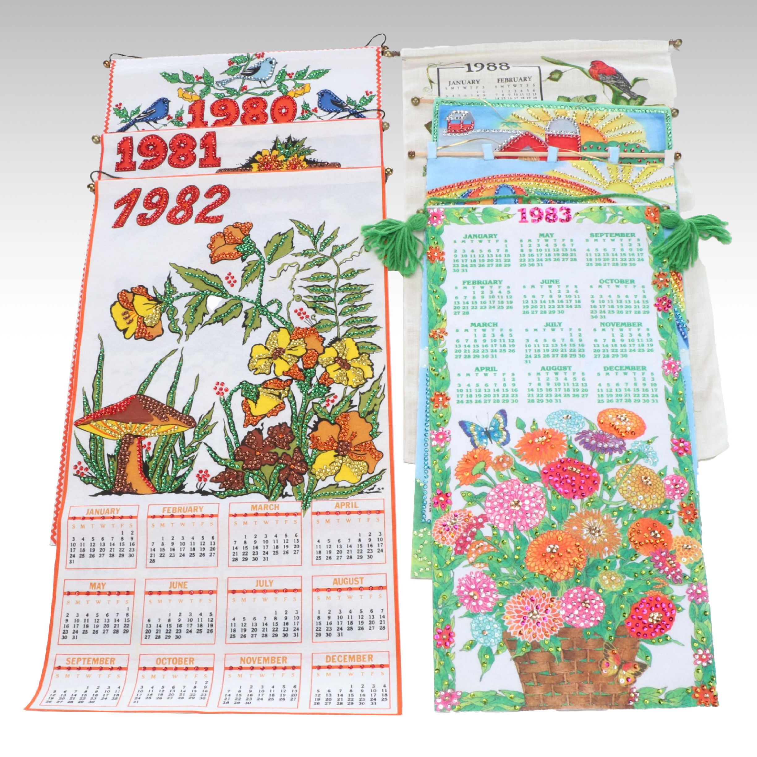 Farm Scene and Other Hand-Embellished Fabric Wall Calendars, 1980s