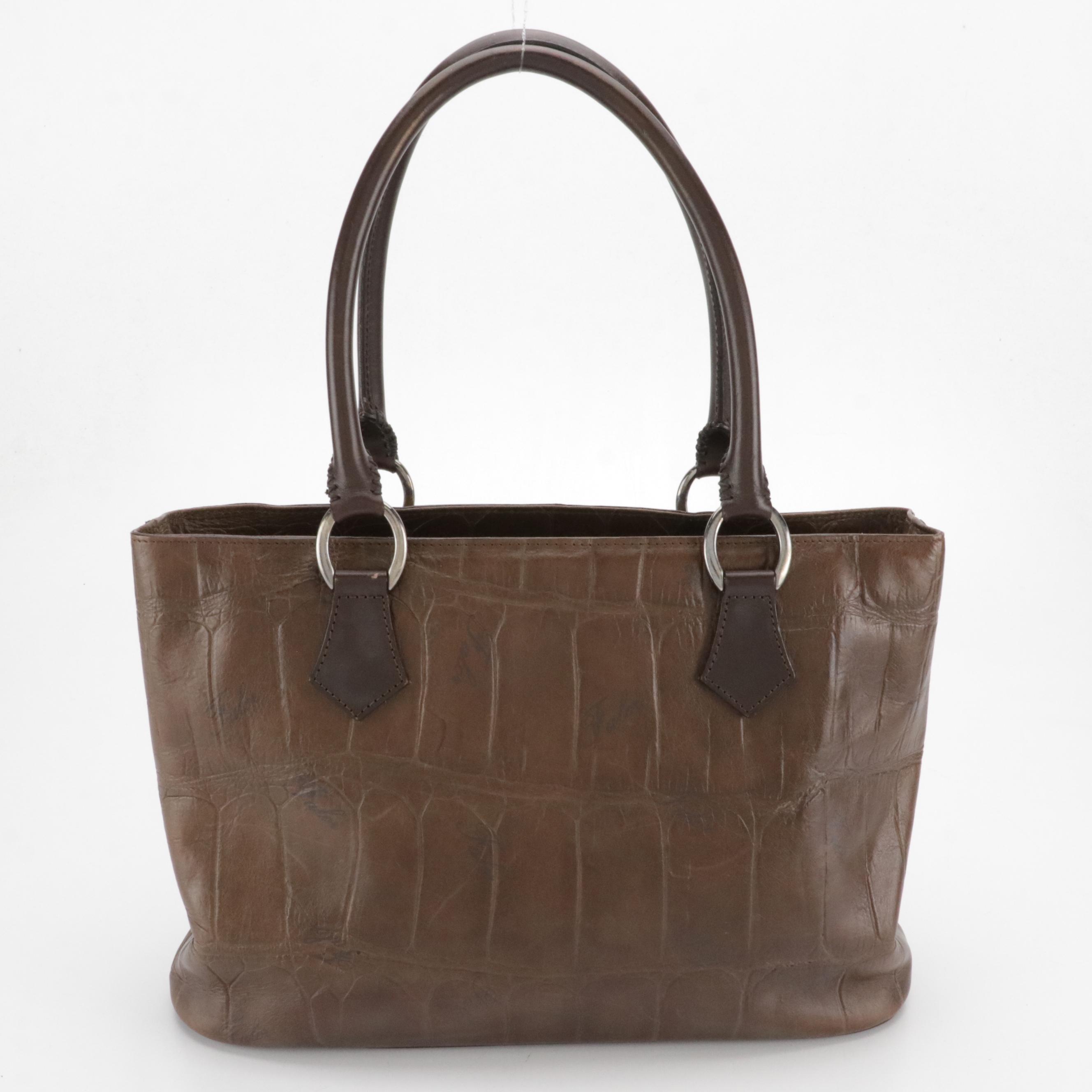 Falor Embossed Brown Leather Tote Bag, Peruzzi Navy Calfskin Shoulder Satchel