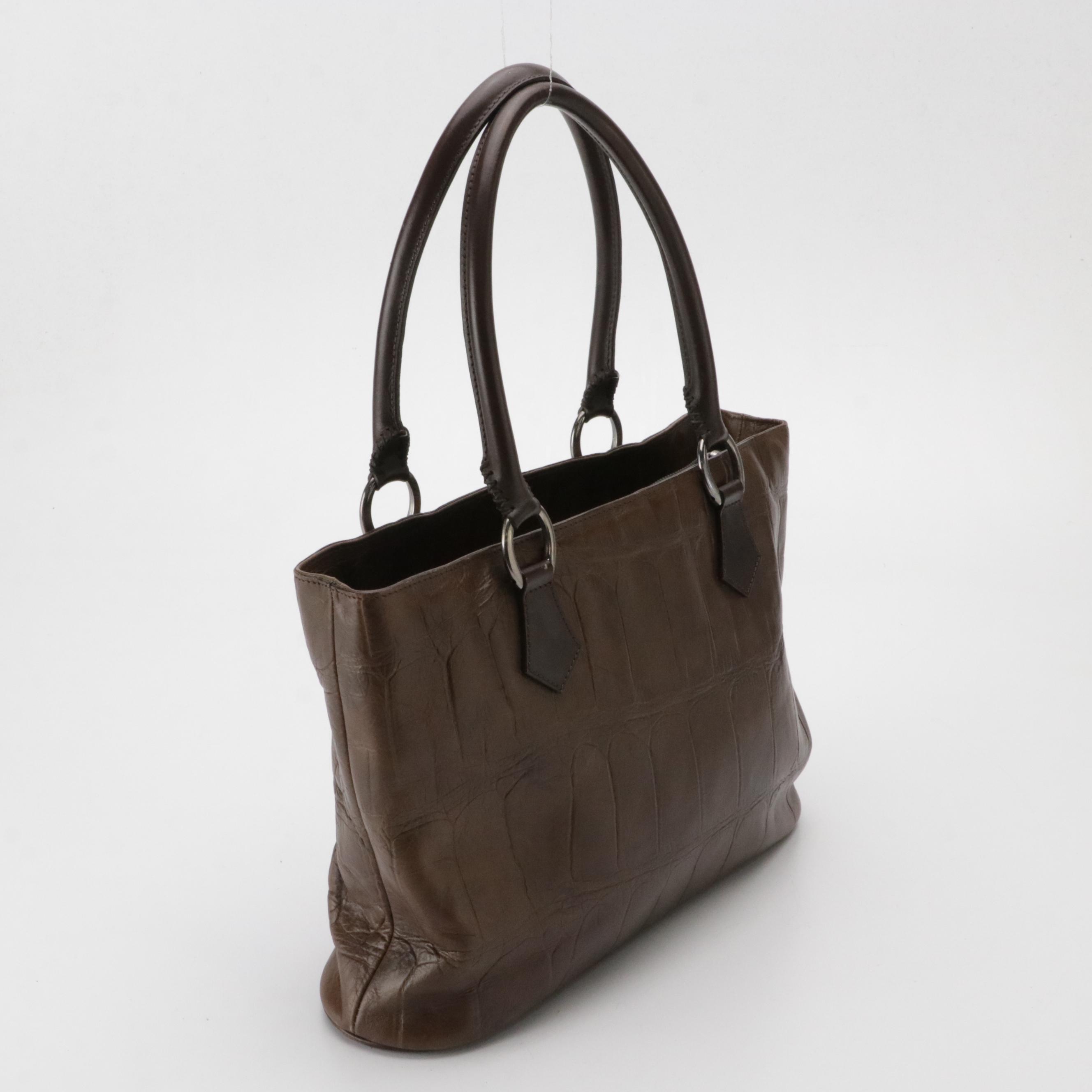 Falor Embossed Brown Leather Tote Bag, Peruzzi Navy Calfskin Shoulder Satchel