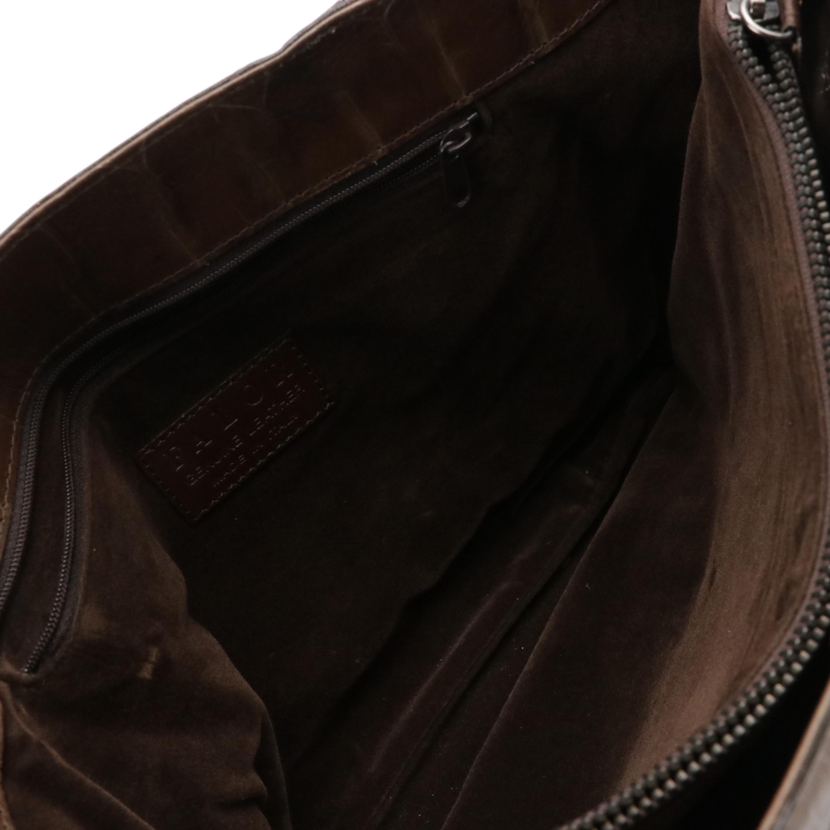 Falor Embossed Brown Leather Tote Bag, Peruzzi Navy Calfskin Shoulder Satchel