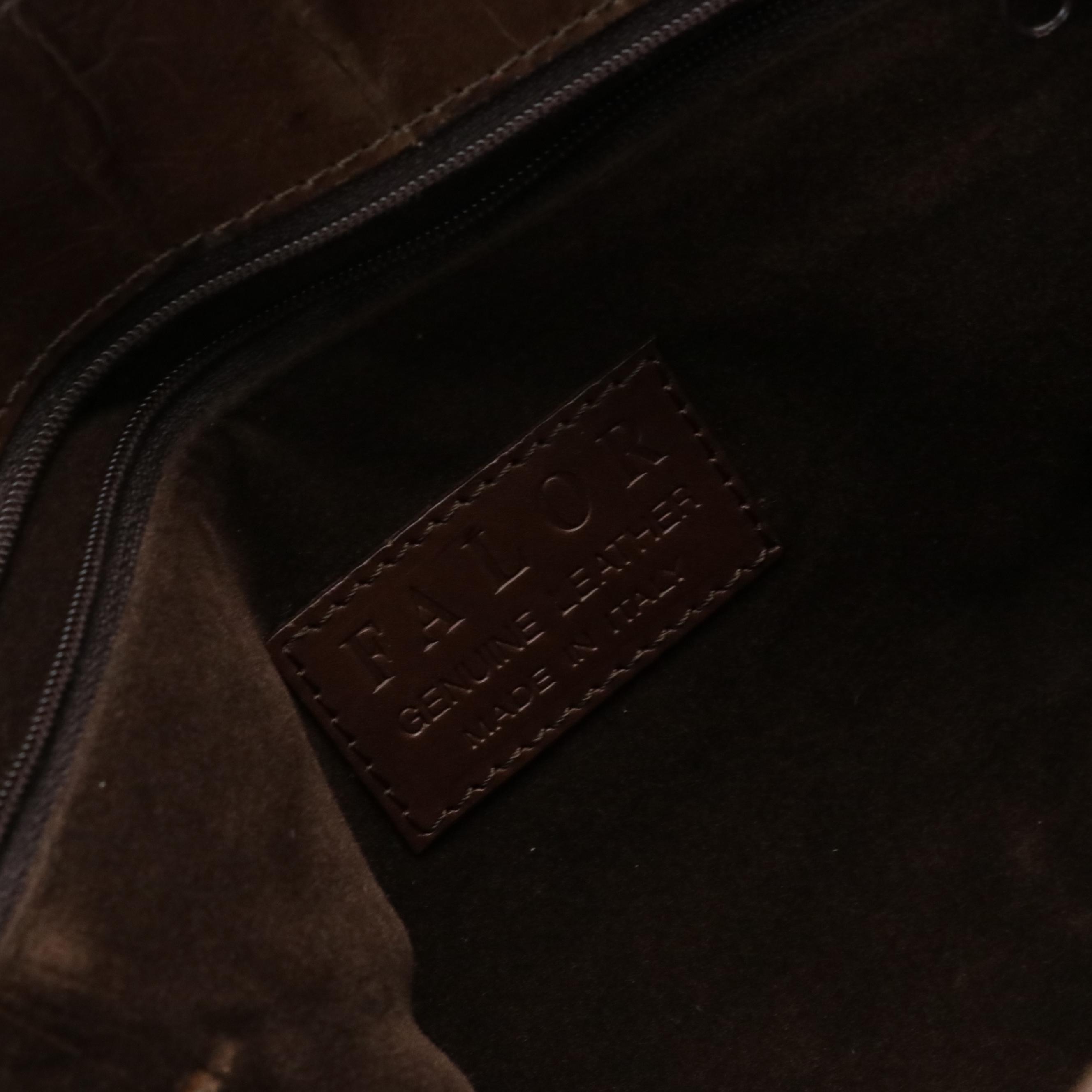 Falor Embossed Brown Leather Tote Bag, Peruzzi Navy Calfskin Shoulder Satchel