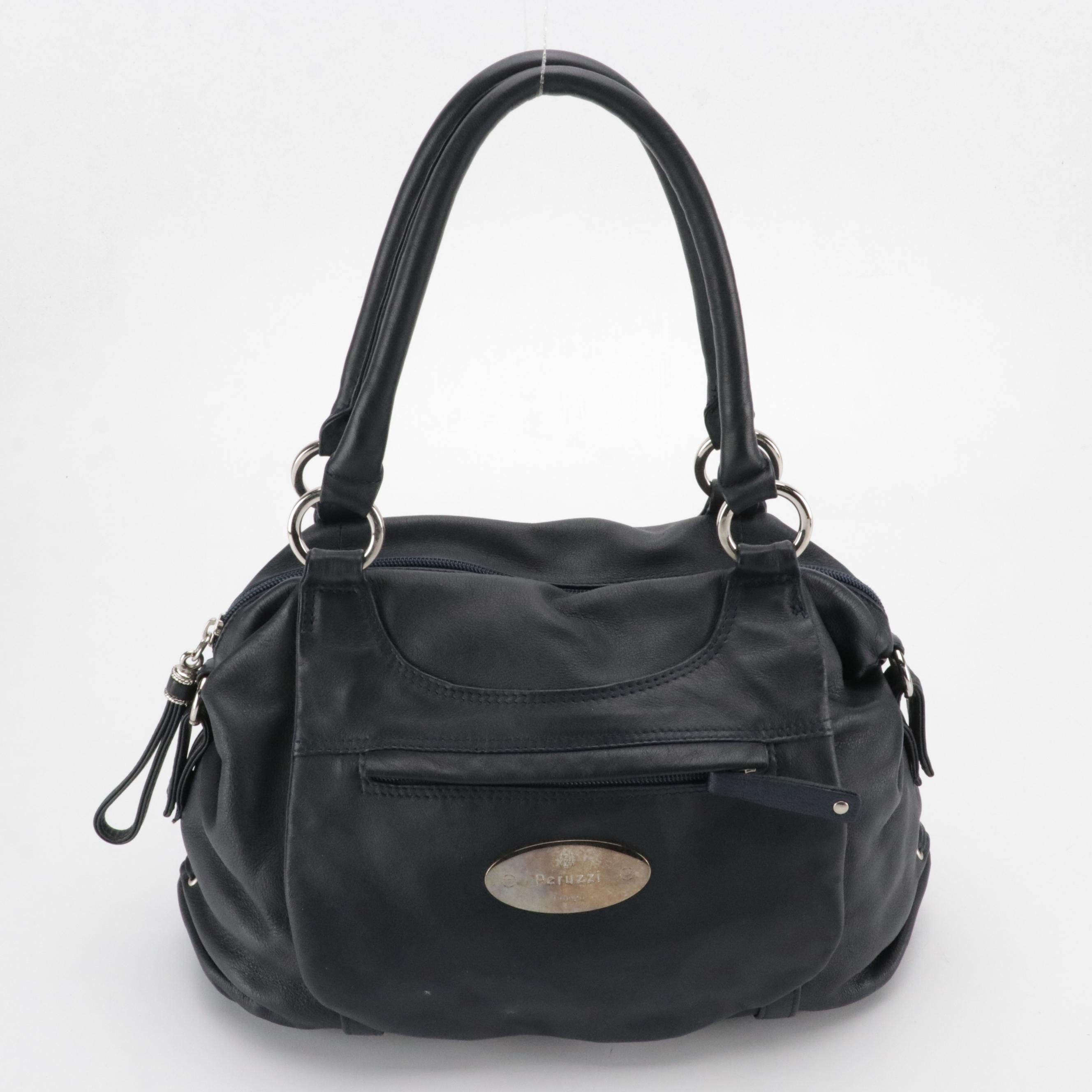 Falor Embossed Brown Leather Tote Bag, Peruzzi Navy Calfskin Shoulder Satchel