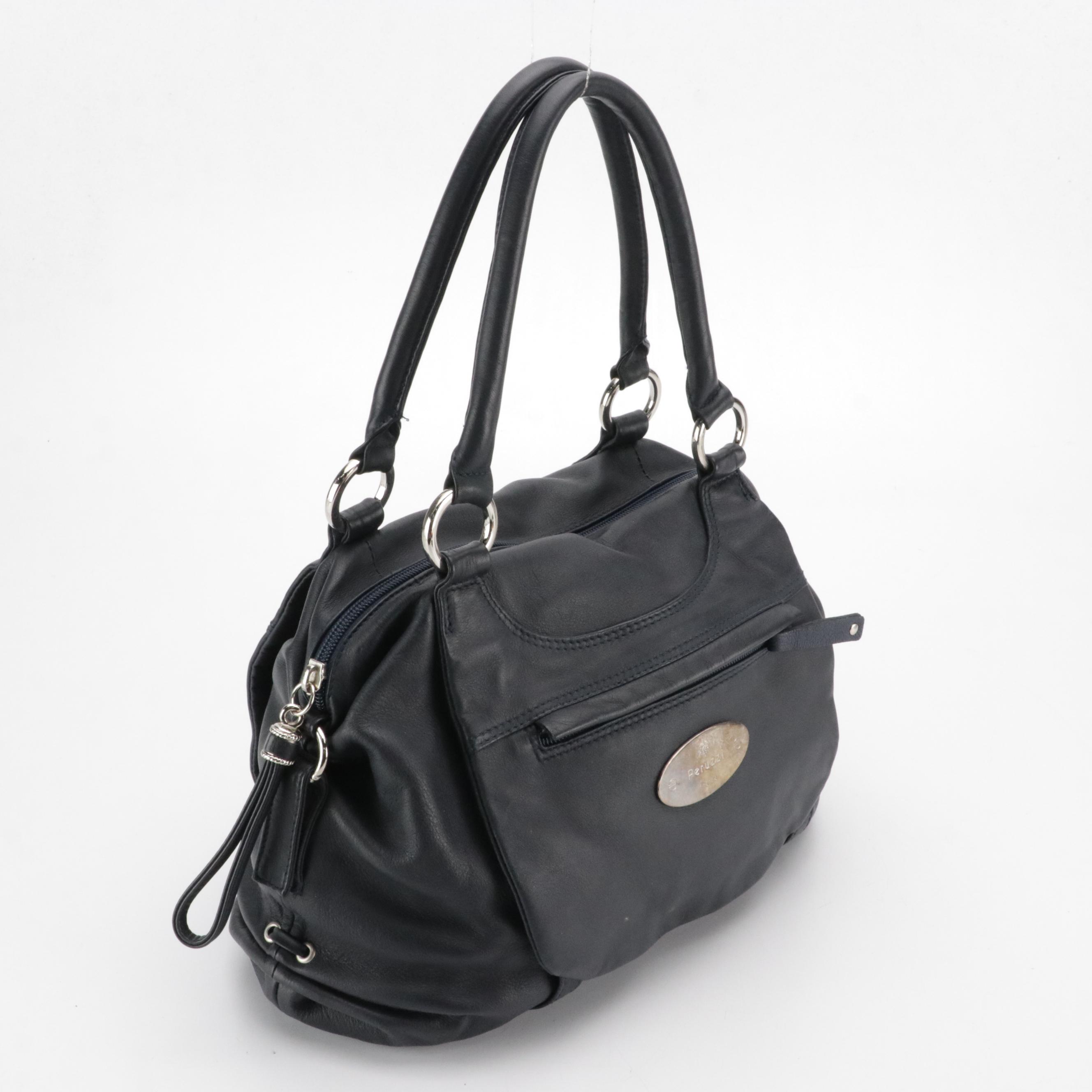 Falor Embossed Brown Leather Tote Bag, Peruzzi Navy Calfskin Shoulder Satchel