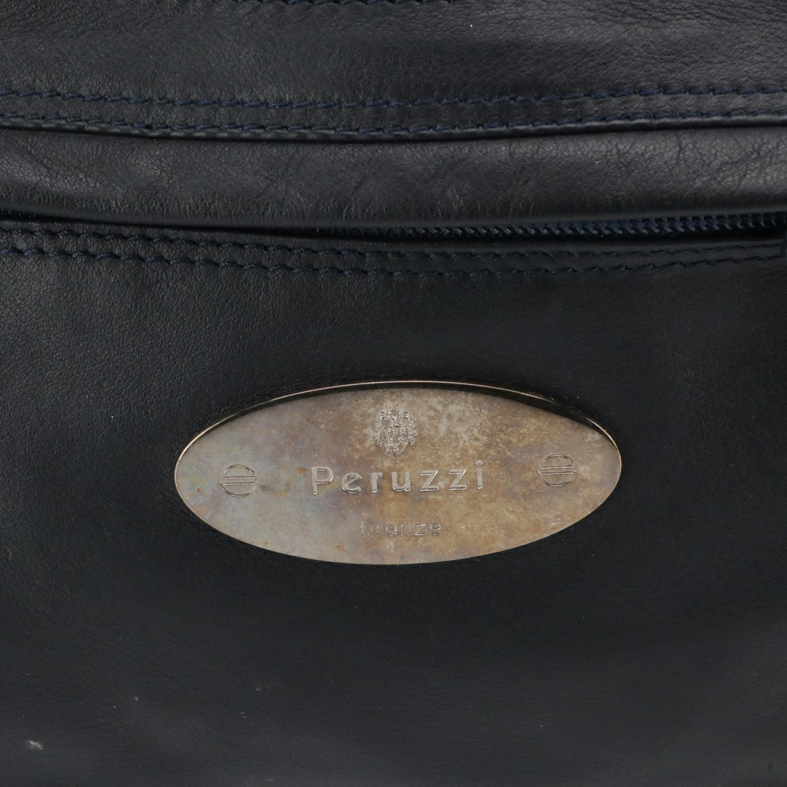 Falor Embossed Brown Leather Tote Bag, Peruzzi Navy Calfskin Shoulder Satchel