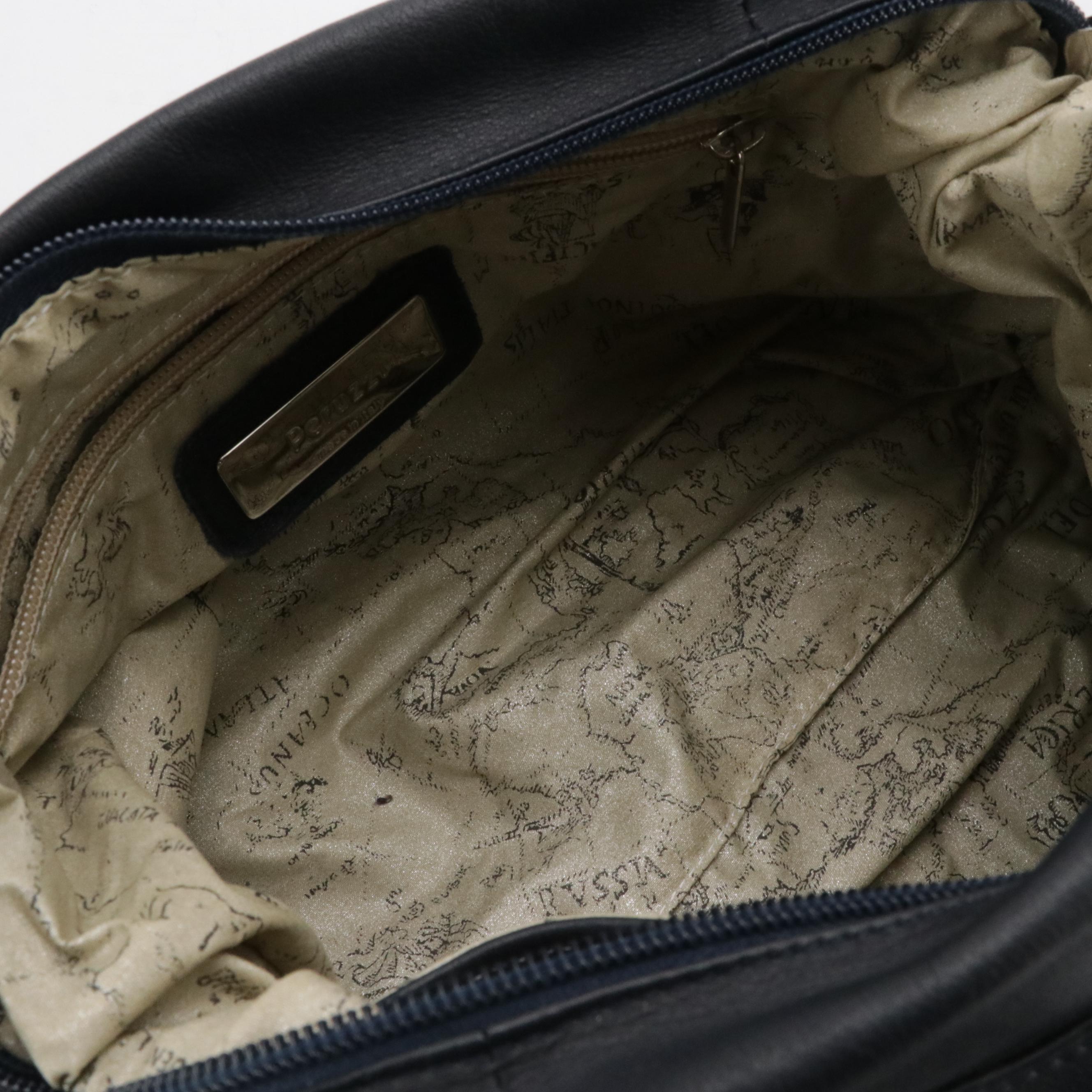 Falor Embossed Brown Leather Tote Bag, Peruzzi Navy Calfskin Shoulder Satchel