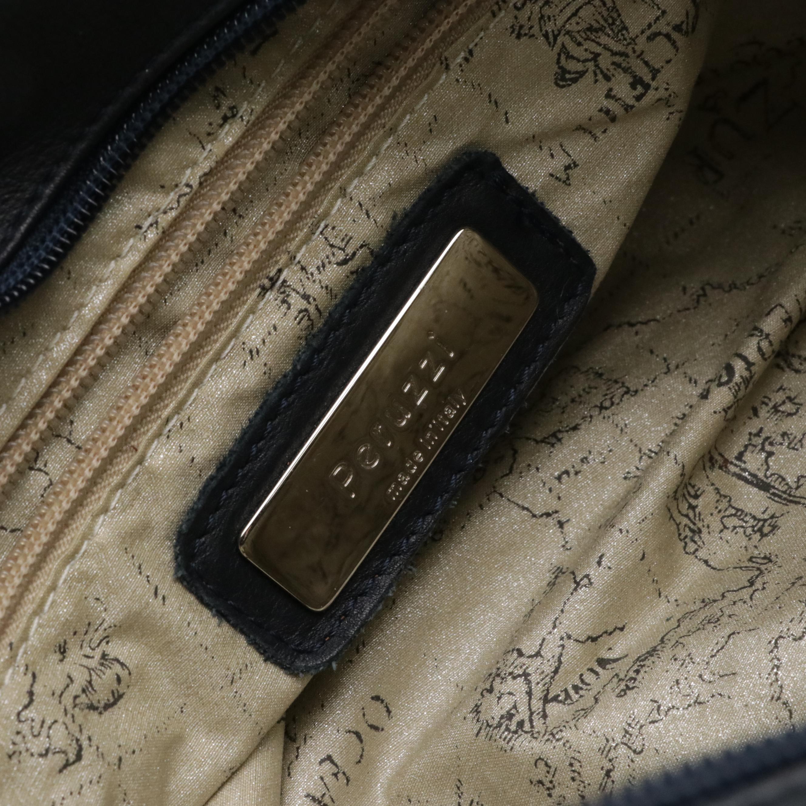 Falor Embossed Brown Leather Tote Bag, Peruzzi Navy Calfskin Shoulder Satchel