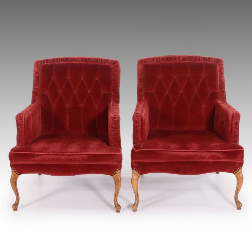 Pair of Regency Style Button-Tufted Velvet Upholstered Armchairs
