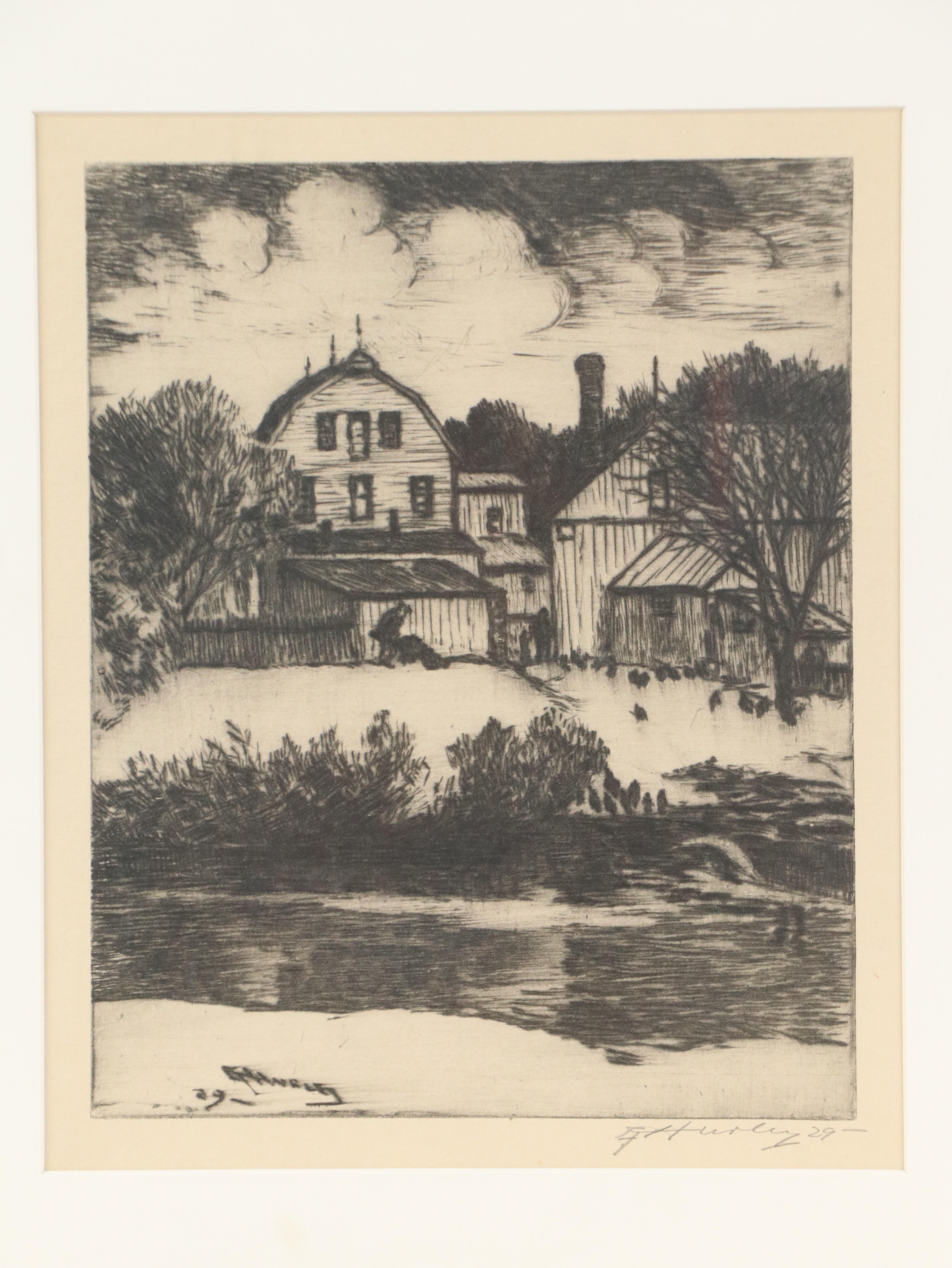 Edward Timothy Hurley Etching of Pondside Farm, 1929