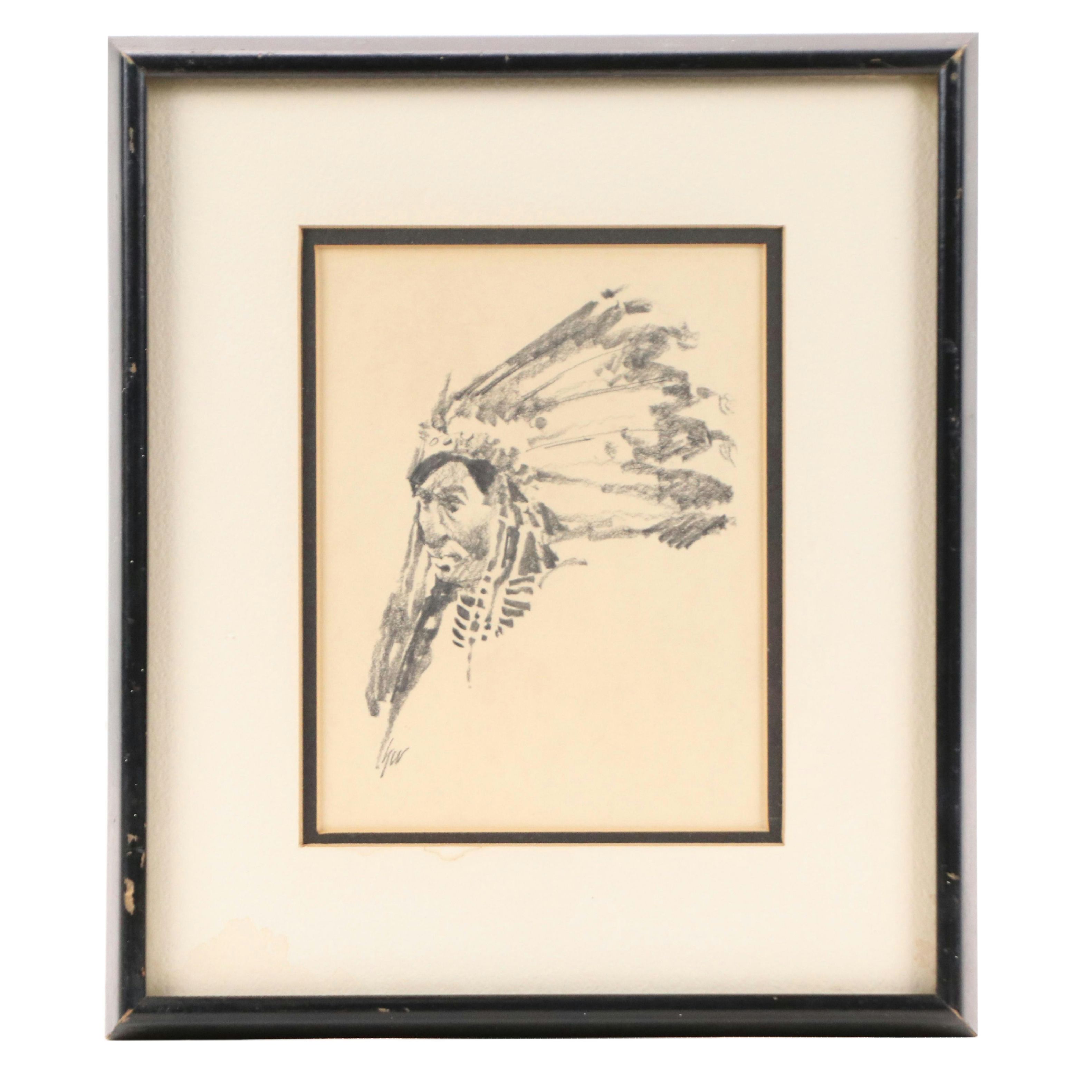 Hollis Wilford Graphite Drawing of Native American Chief