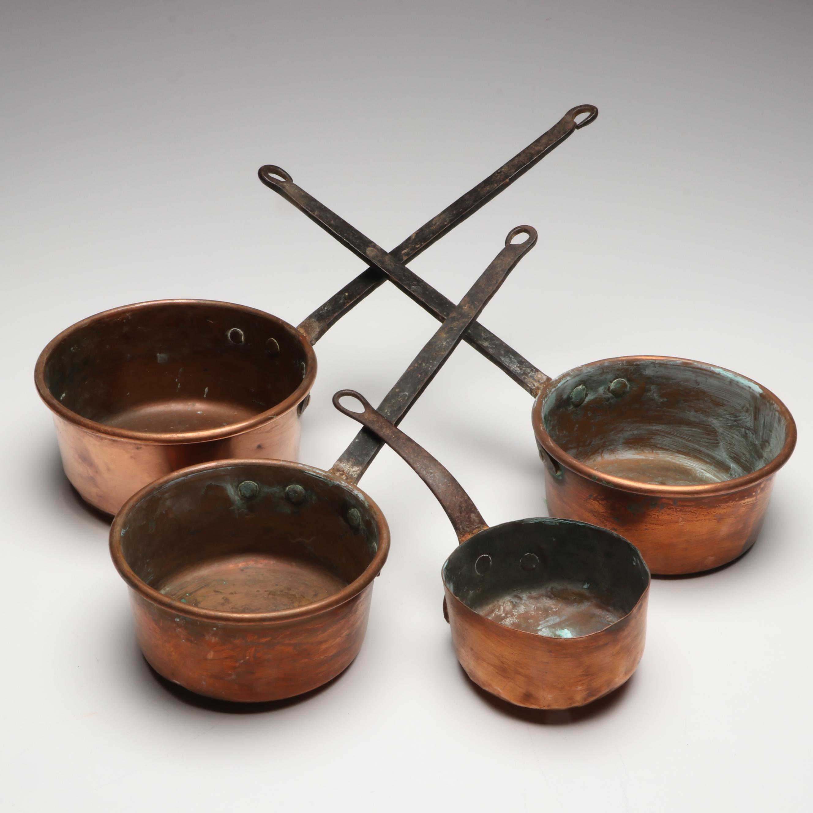 French Style Copper Pans with Brass Handles, 20th Century
