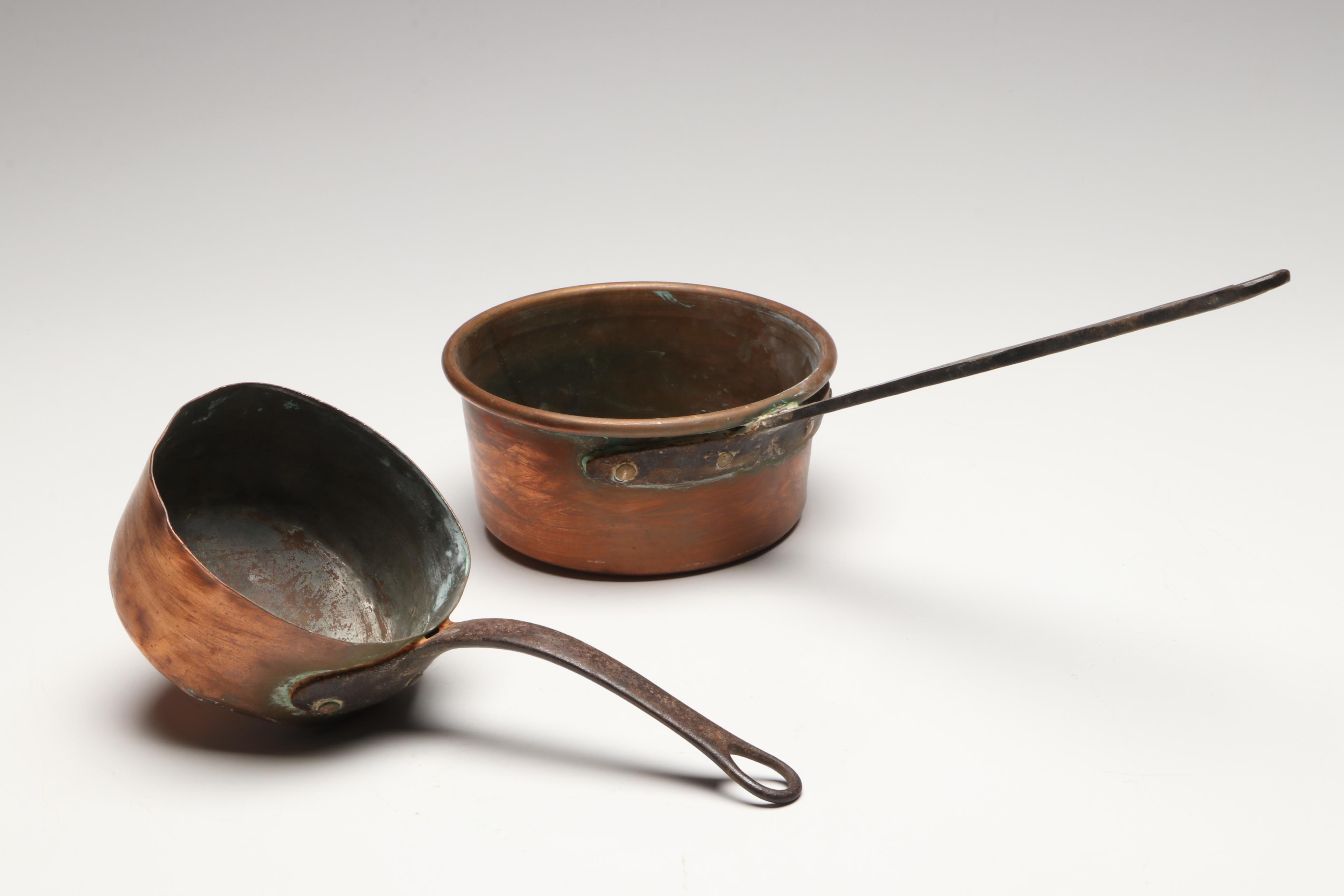 French Style Copper Pans with Brass Handles, 20th Century
