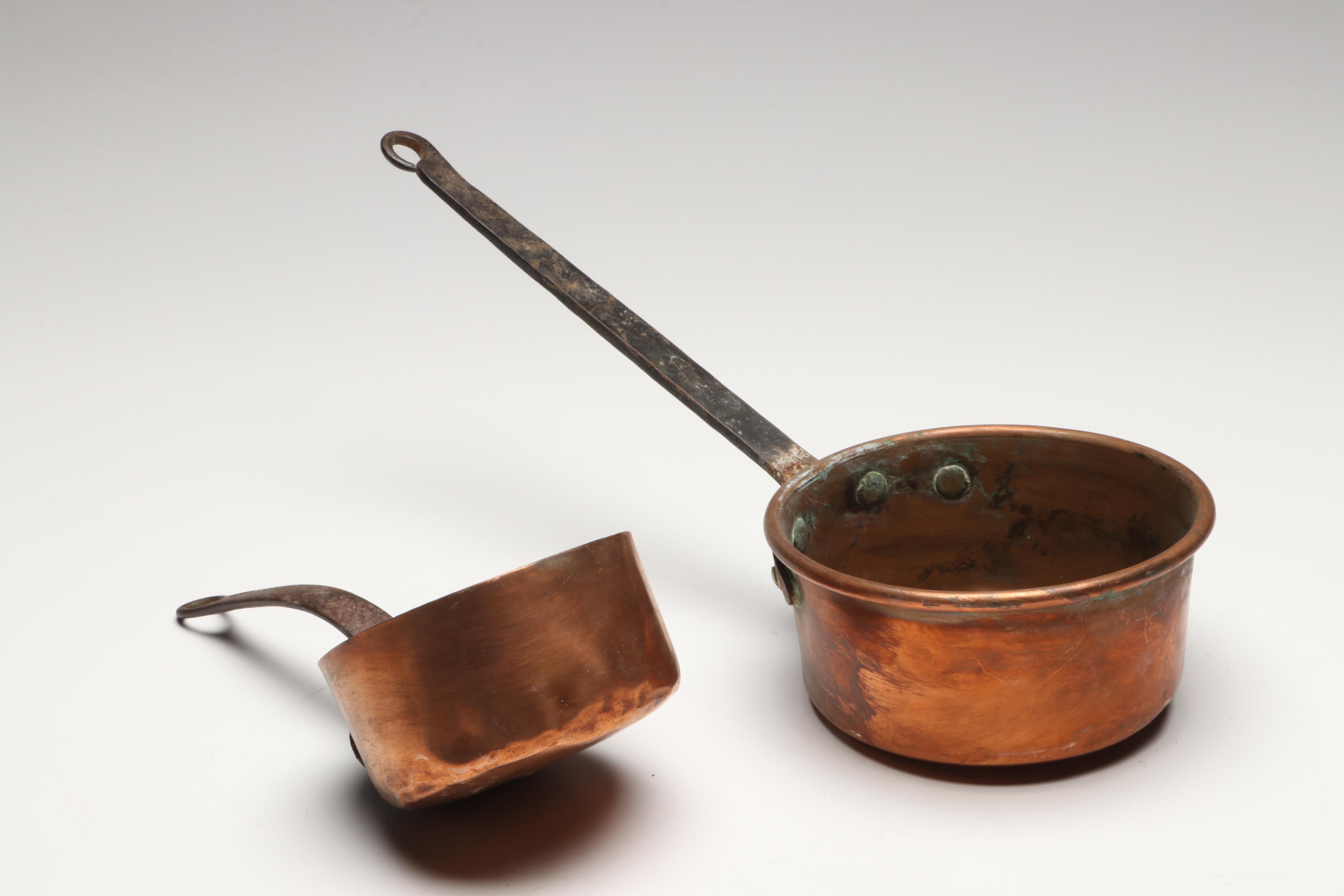French Style Copper Pans with Brass Handles, 20th Century