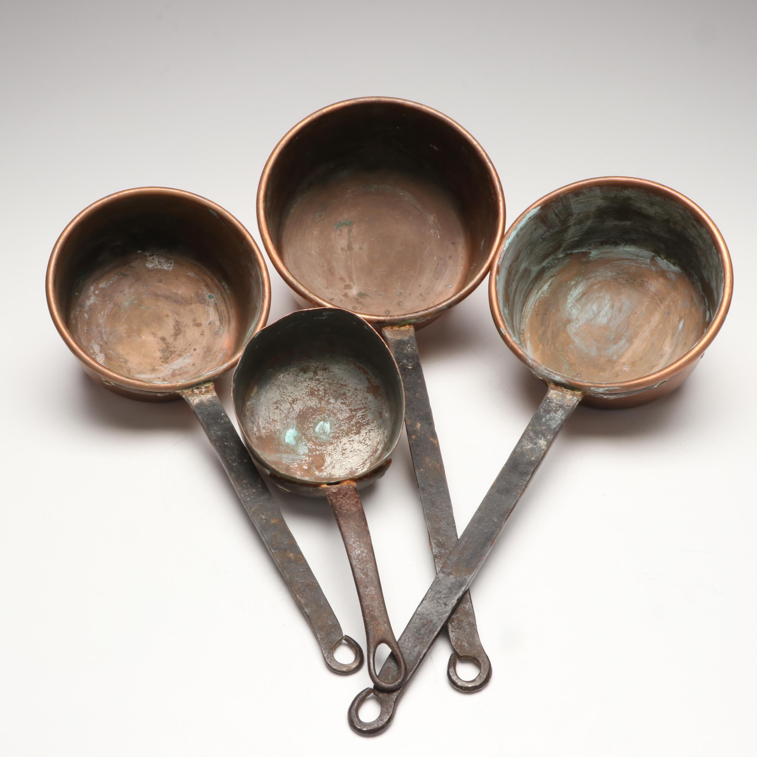 French Style Copper Pans with Brass Handles, 20th Century
