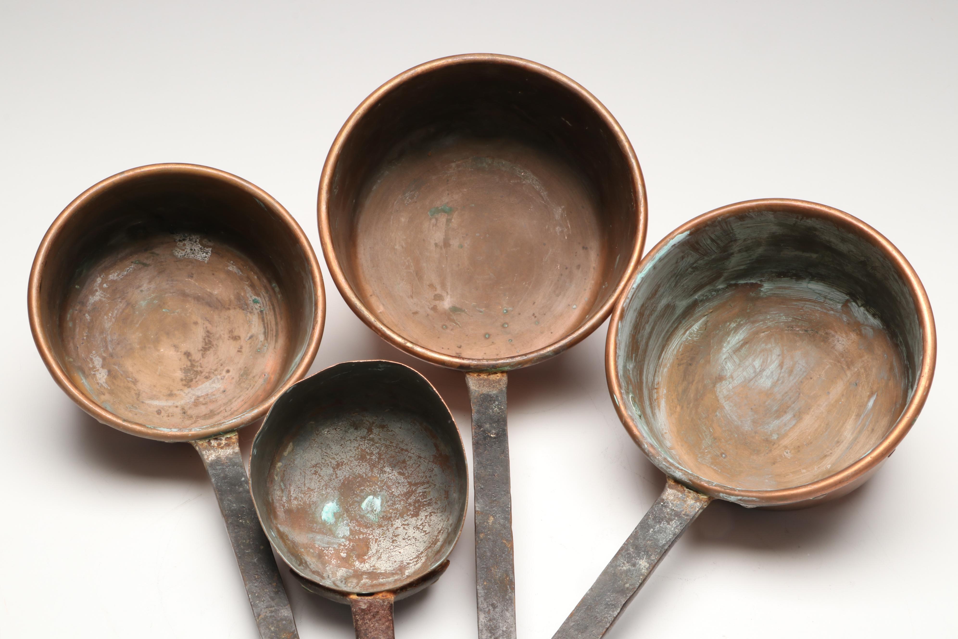 French Style Copper Pans with Brass Handles, 20th Century