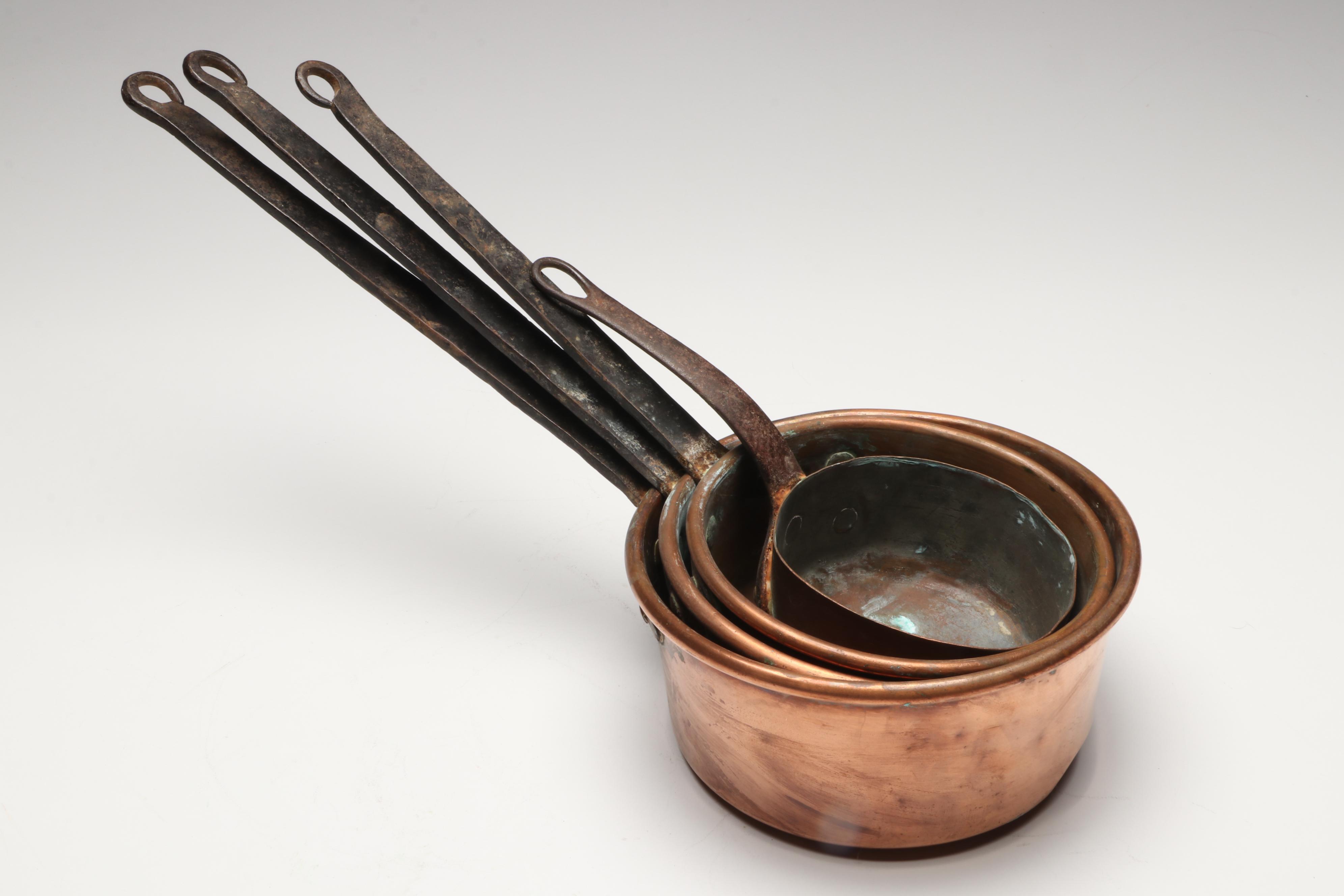 French Style Copper Pans with Brass Handles, 20th Century