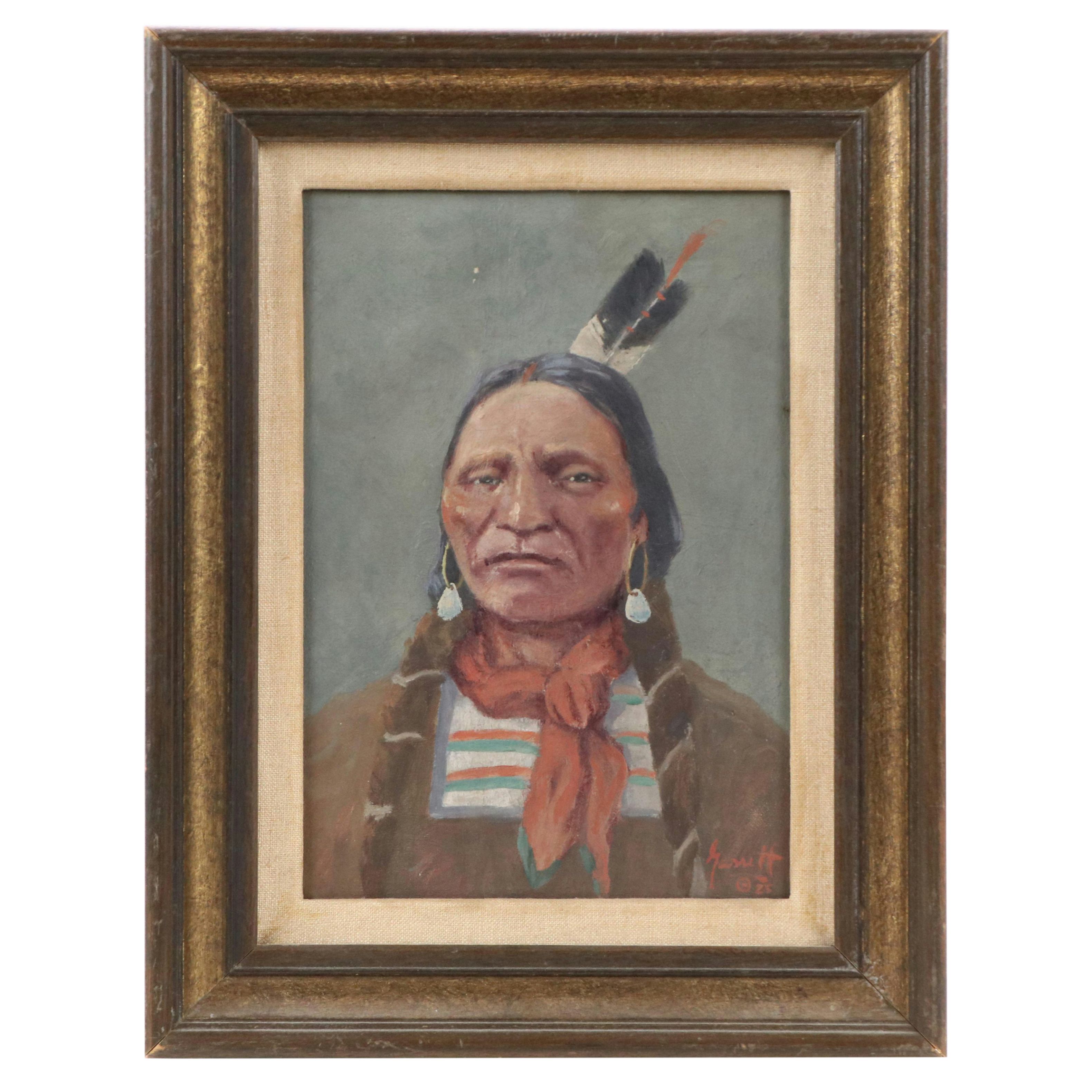 Gustave Henry Garrett Portrait Oil Painting of Native American Man, 1925