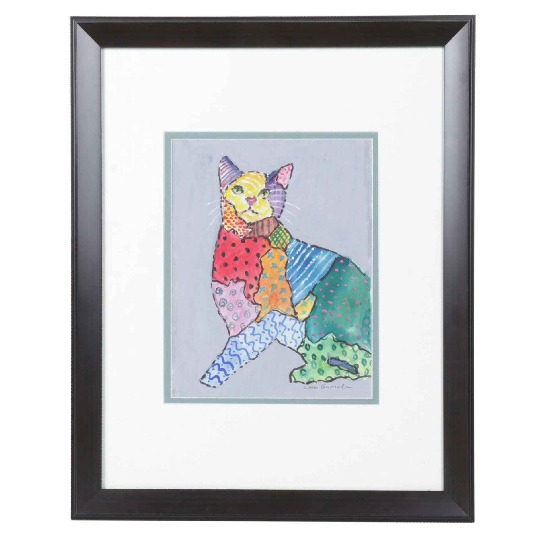 Lora Garcelon Zentangle Style Watercolor Portrait Painting of Cat