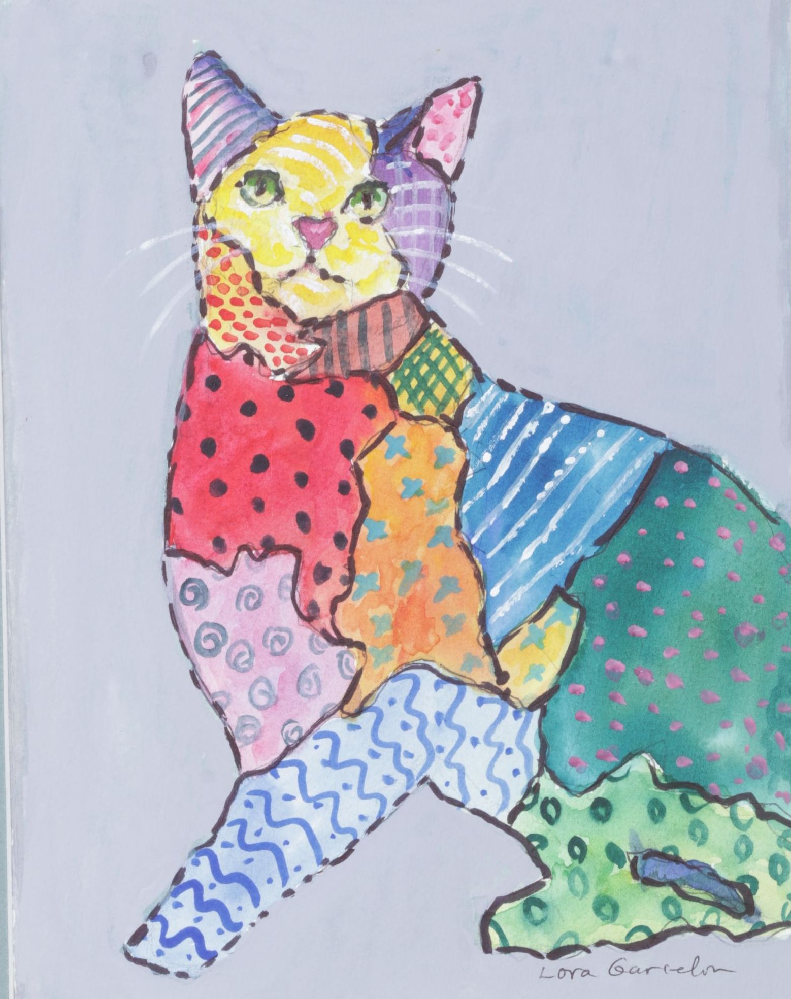 Lora Garcelon Zentangle Style Watercolor Portrait Painting of Cat